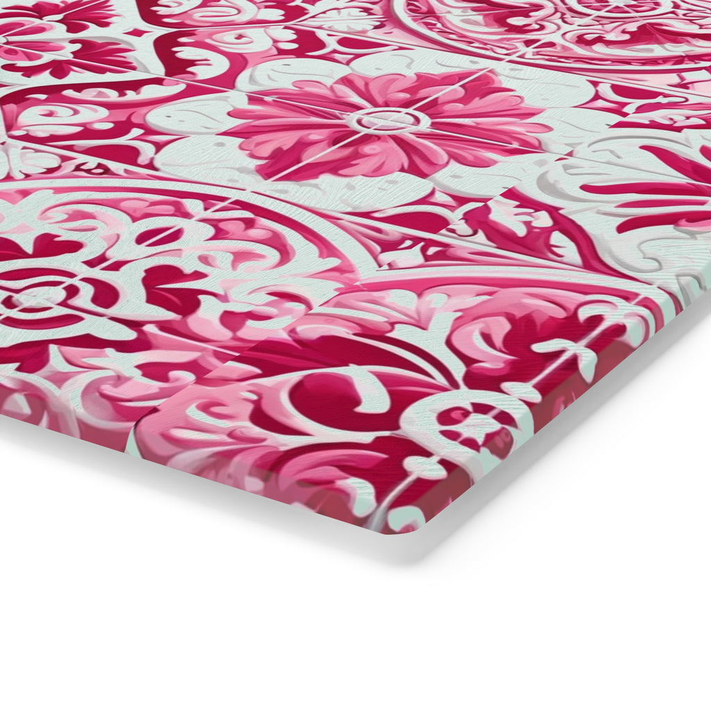 New House Tempered Glass Cutting Board with Pink and White Mediterranean Tile Design Ultra-Durable Kitchen Accessory for Stylish Cooking Kitchen Decor with Elegant Design, Housewarming, New House Gift - MRSBYVALLE