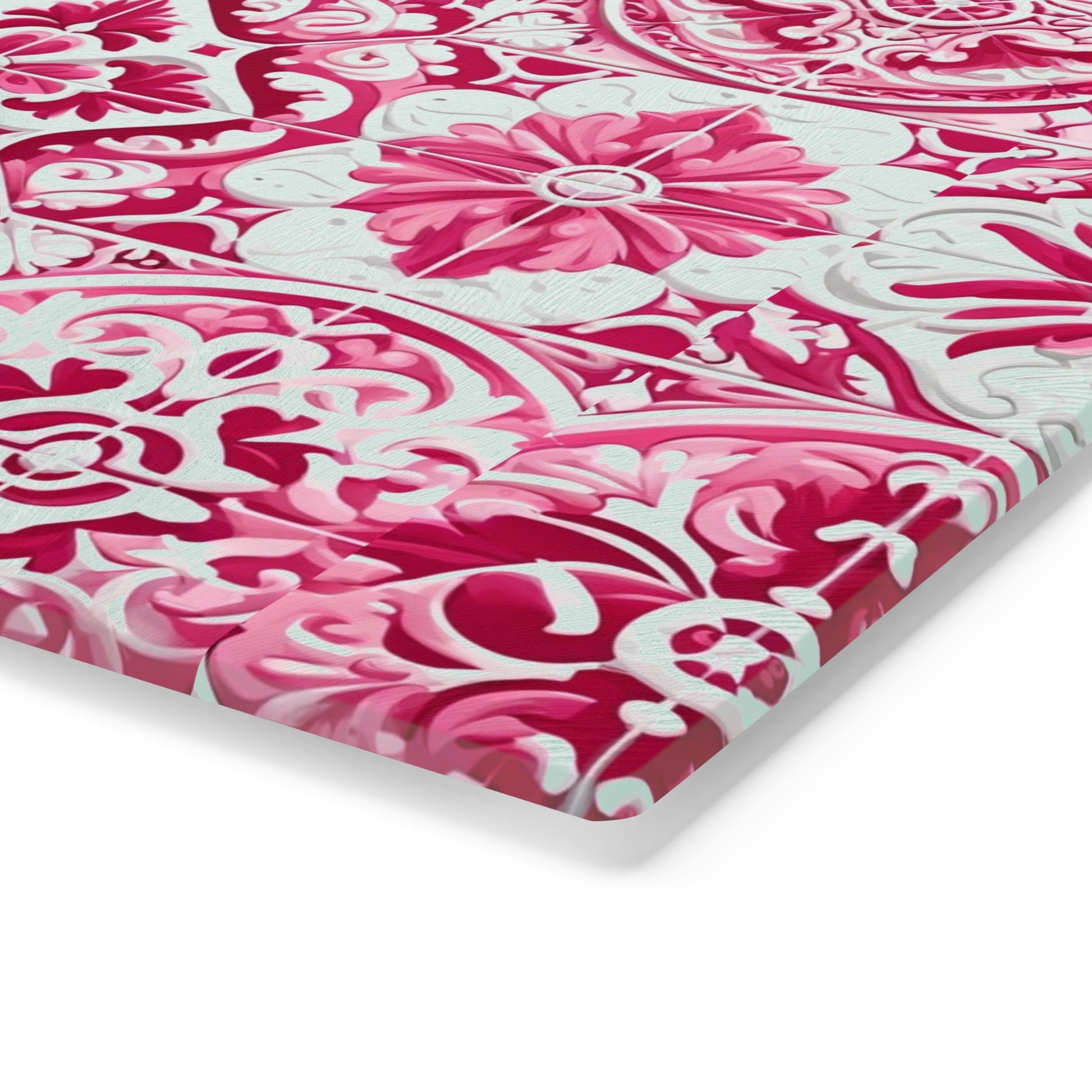 New House Tempered Glass Cutting Board with Pink and White Mediterranean Tile Design Ultra-Durable Kitchen Accessory for Stylish Cooking Kitchen Decor with Elegant Design, Housewarming, New House Gift - MRSBYVALLE