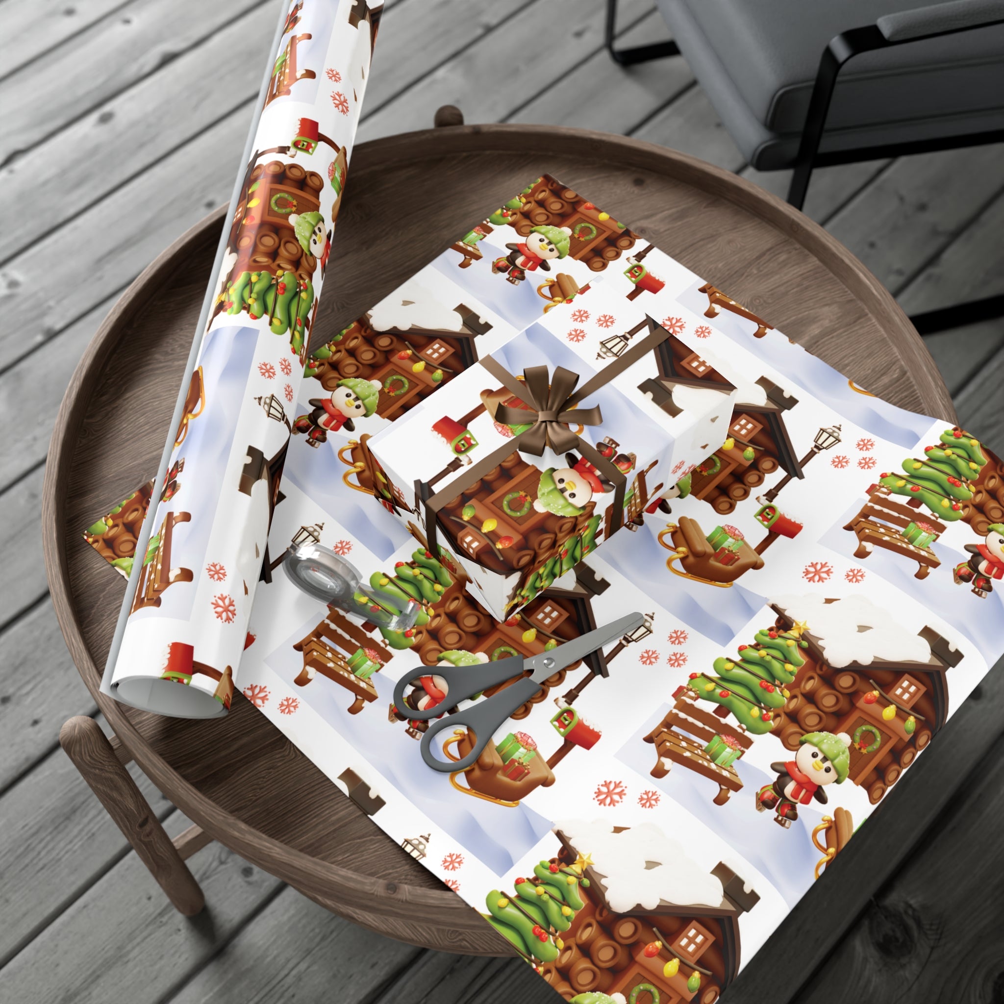 3D Illusion Penguin Wrapping Paper Cute Winter Penguin & Snow Cabin Scene, Festive Christmas Gift Wrap, Holiday Present Paper in 3 SizesPerfect for Seasonal Gifting
