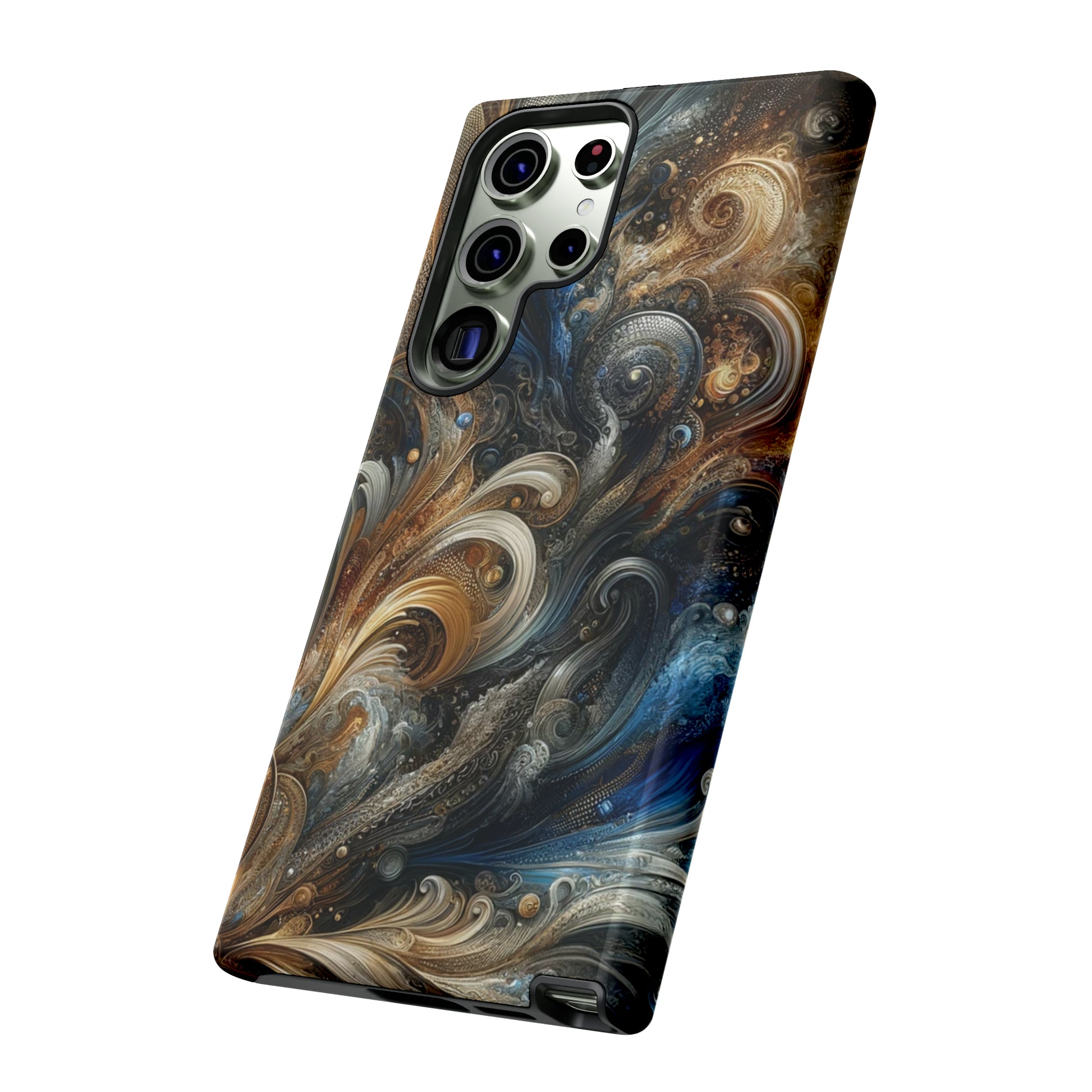 Gold and Navy Art Design Luxury Phone Tough Case Floral Elegant Durable Stylish for Modern Devices iPhone 15, Samsung iPhone Samsung Accessory Gift for Her.