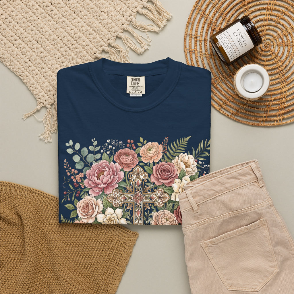 He Is Risen Floral Cross T-Shirt Christian Gift
