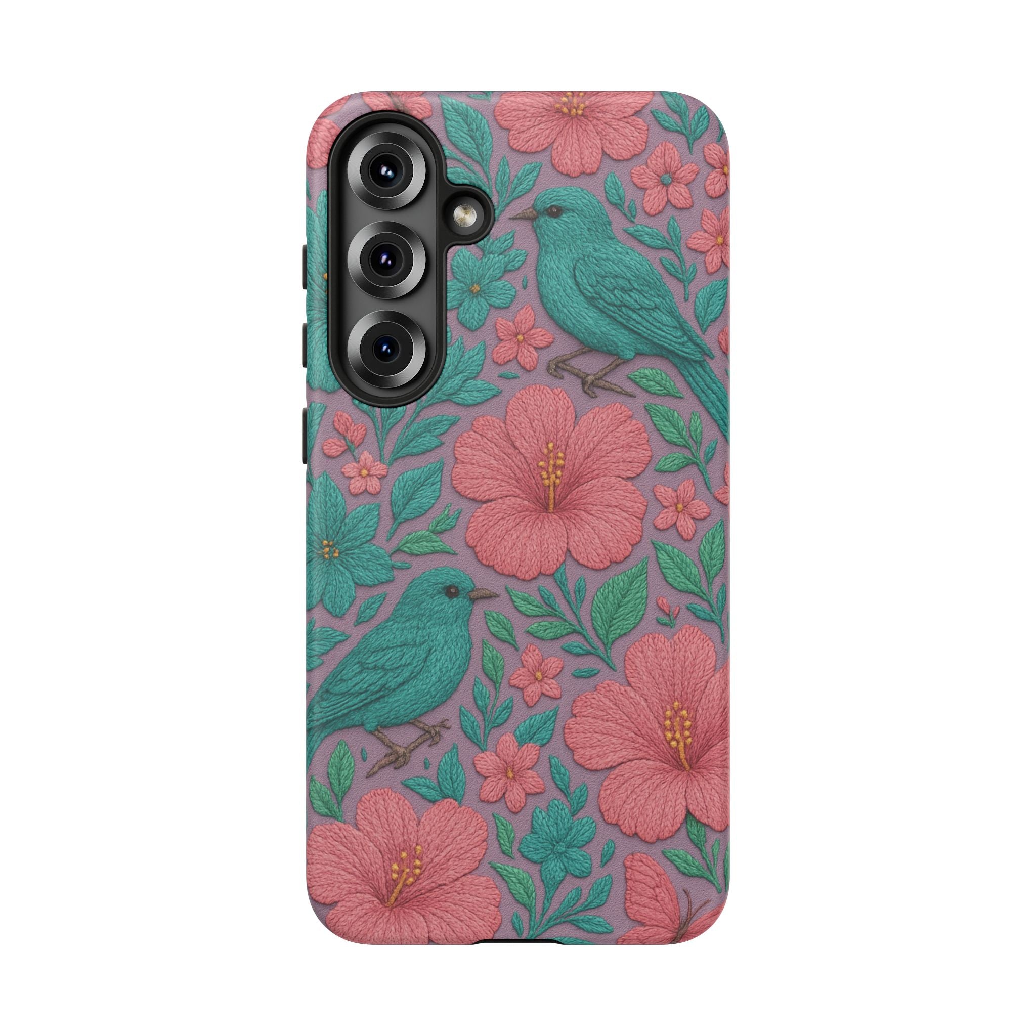Turquoise, Pink and Lavender 3D Embroidery Illusion Phone Case Tropical Flowers, Birds & Butterflies Cover with Bold, Realistic Floral Texture iPhone, Samsung