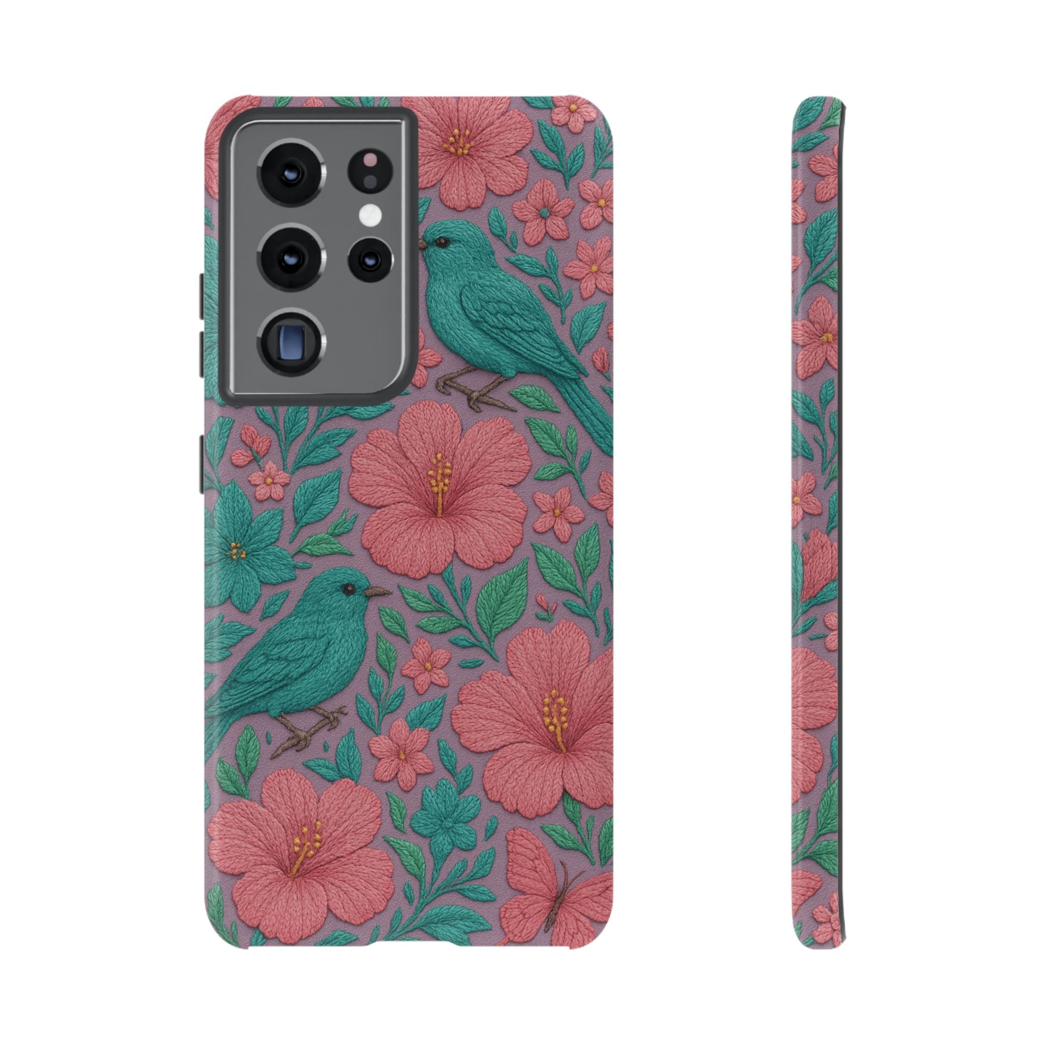 Turquoise, Pink and Lavender 3D Embroidery Illusion Phone Case Tropical Flowers, Birds & Butterflies Cover with Bold, Realistic Floral Texture iPhone, Samsung