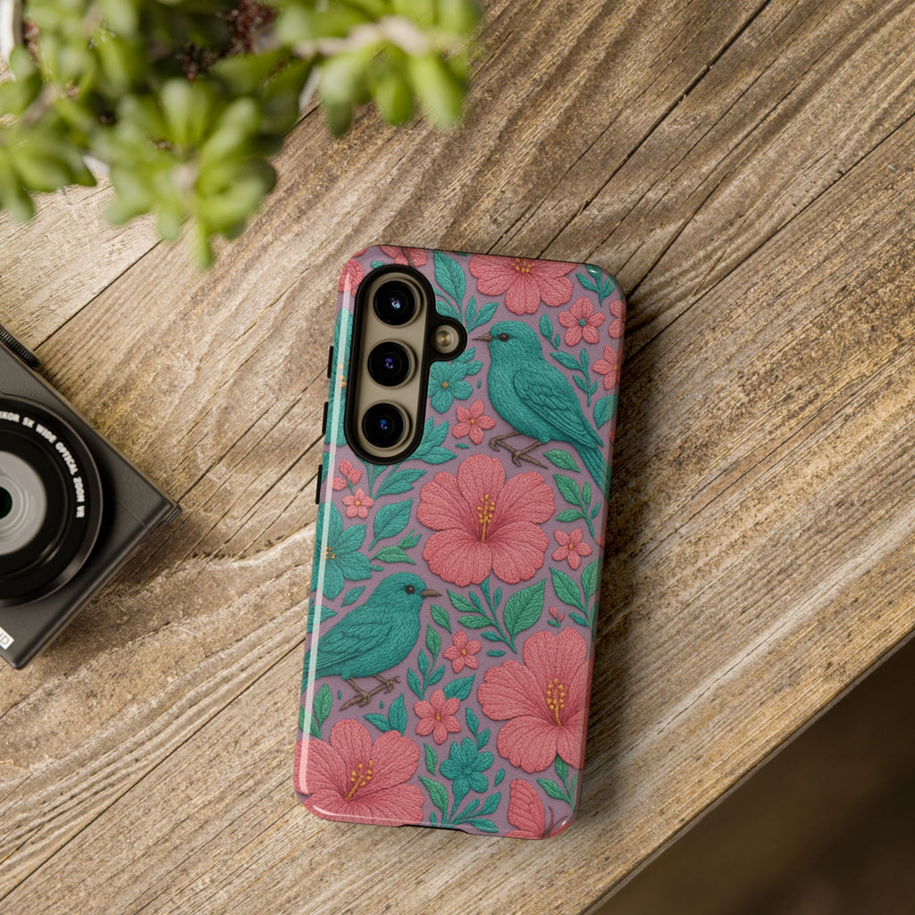 Turquoise, Pink and Lavender 3D Embroidery Illusion Phone Case Tropical Flowers, Birds & Butterflies Cover with Bold, Realistic Floral Texture iPhone, Samsung