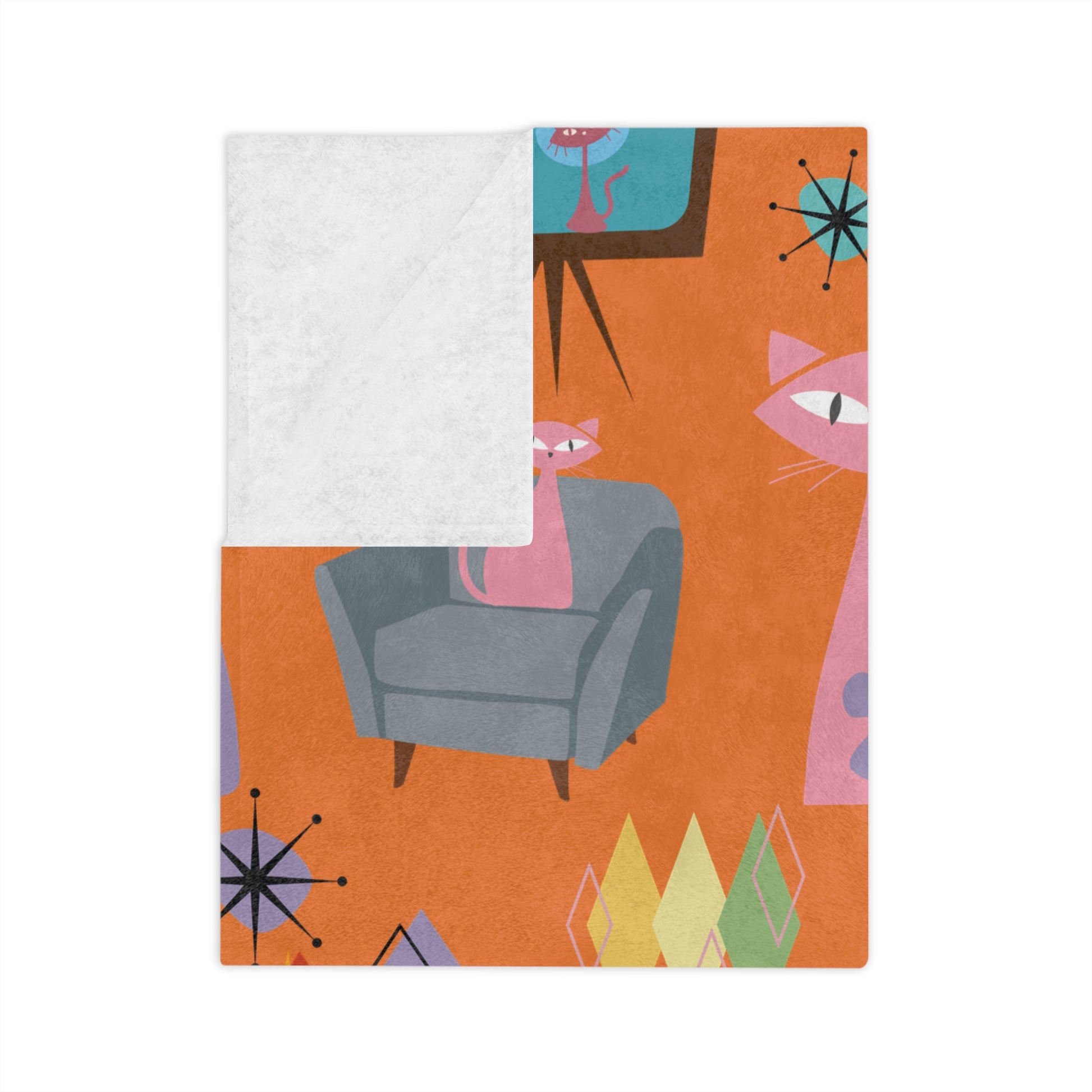 Atomic Cats Retro Blanket | Mid Century Modern Throw with 1950s Starburst Design | Cozy Vintage Cat Lover Gift for Sofa, Bed, or Lounge Chair