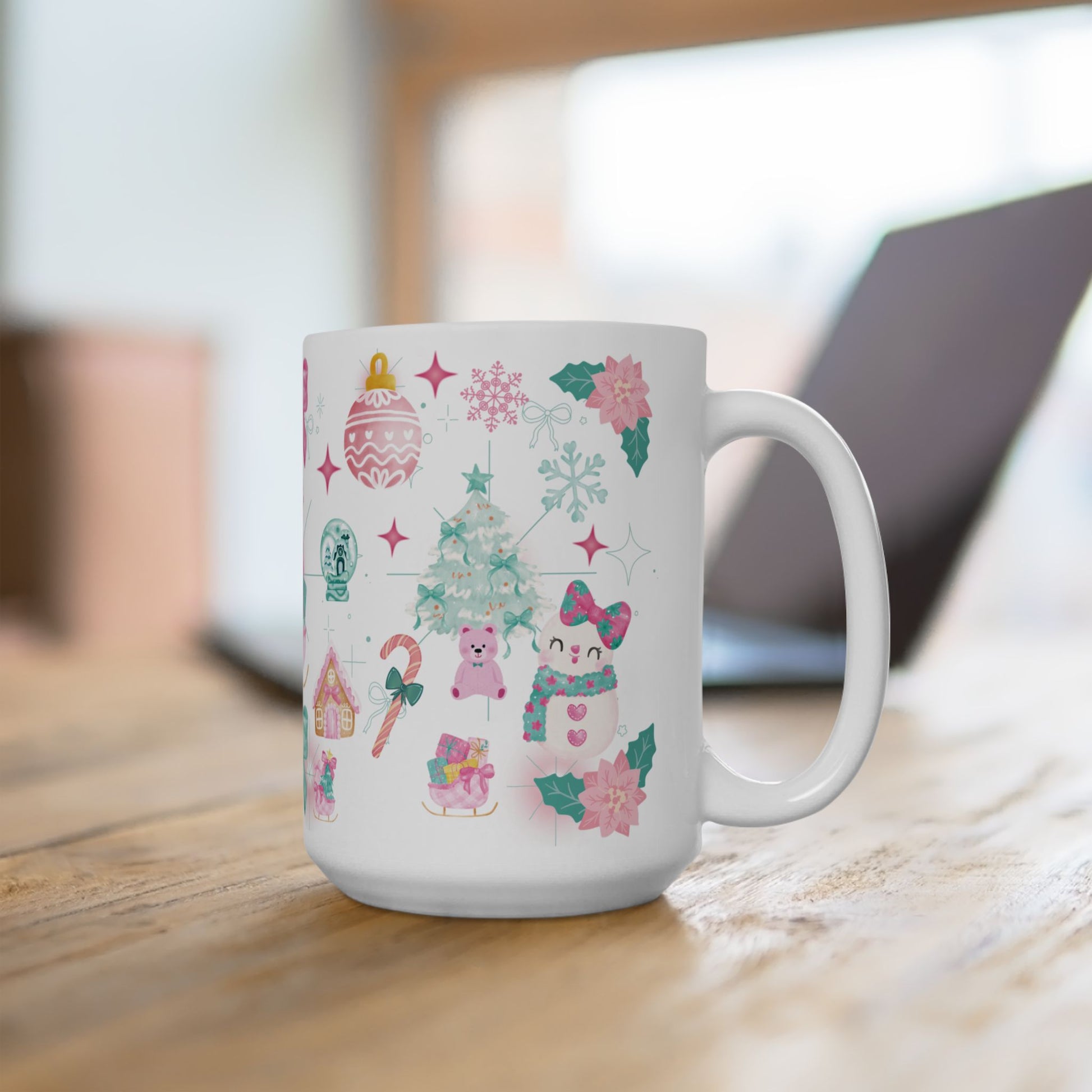 Glam Christmas Mug  Pink  Turquoise Holiday Coffee Cup, Festive Ceramic Mug in 11oz  15oz, Chic Gift for Hot Cocoa or Morning Lattes Mom