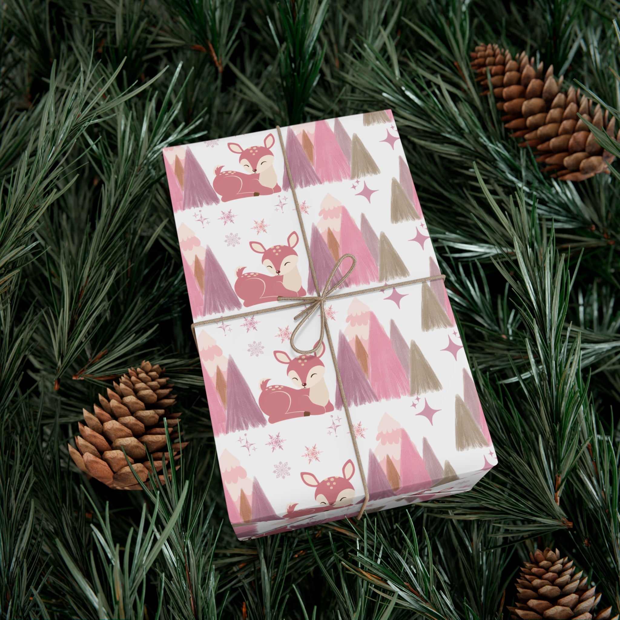 Pink and Lavender Deer Wrapping Paper, Whimsical Christmas Gift Wrap, Pastel Holiday Paper, Winter Wonderland Theme, Elegant Xmas Packaging