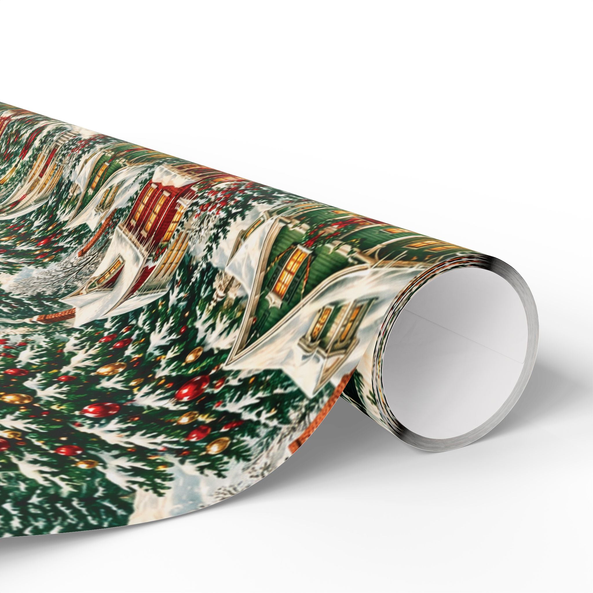 Vintage Christmas Village Gift Wrap Snowy Church & Cottage Wrapping Paper Rustic Holiday Present Wrap