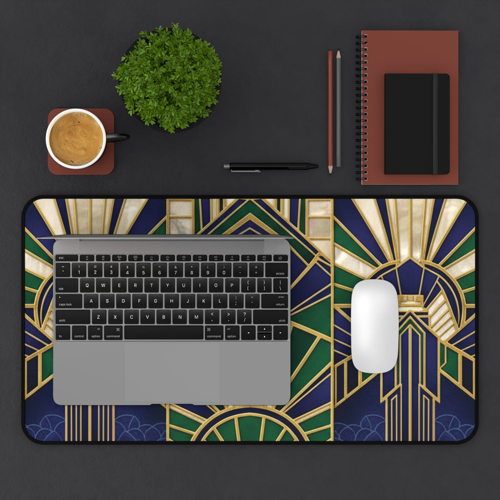 Laptop on a decorative mat with a coffee cup, plant, pen, and notebook on a dark surface