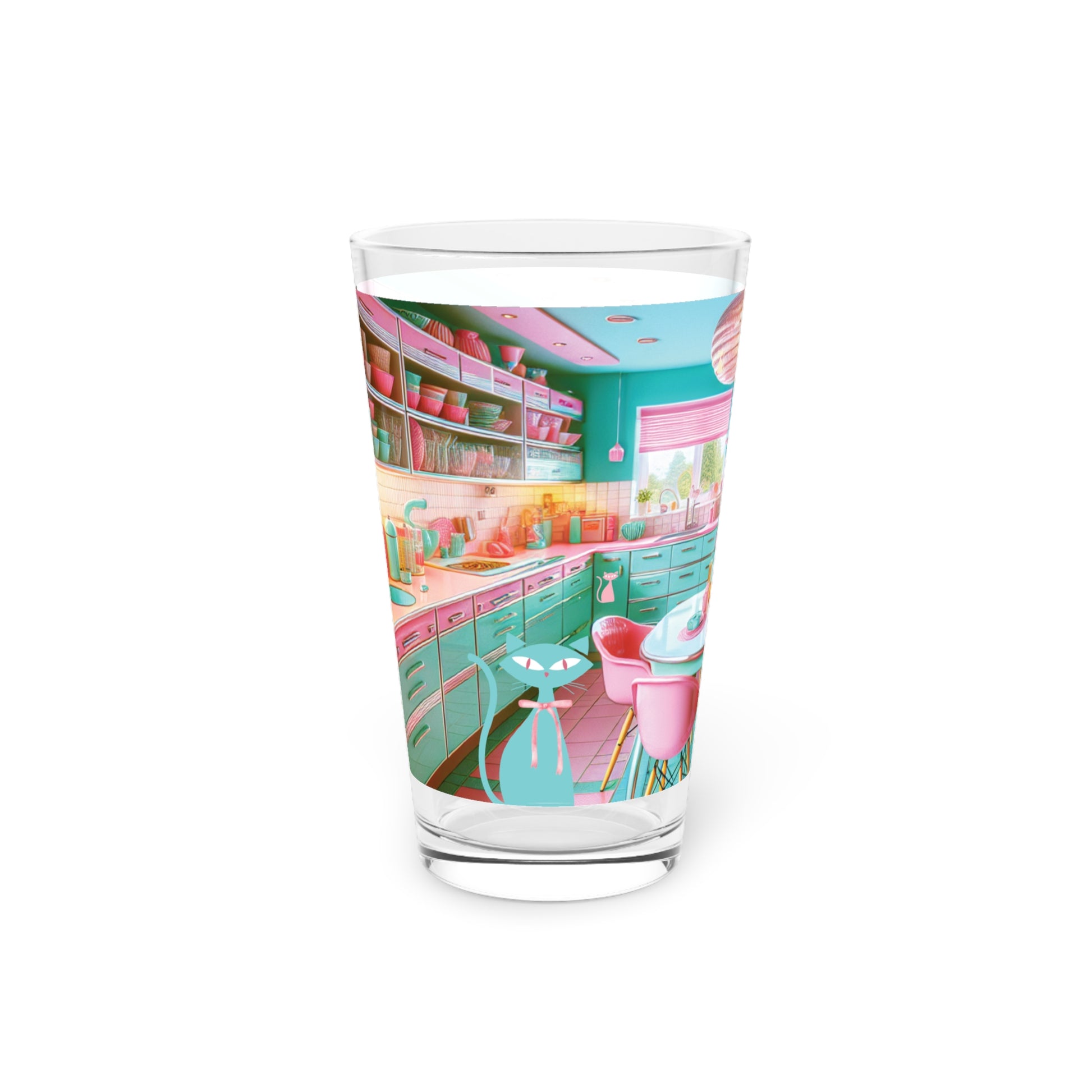 Atomic Kitty Cat, Mid Century Modern 50's MCM Pink  and Aqua 16oz Pint Glass 50s, Party Drinkware, Cocktail Pint Glass, Perfect Christmas Perfect for Parties - MRSBYVALLE