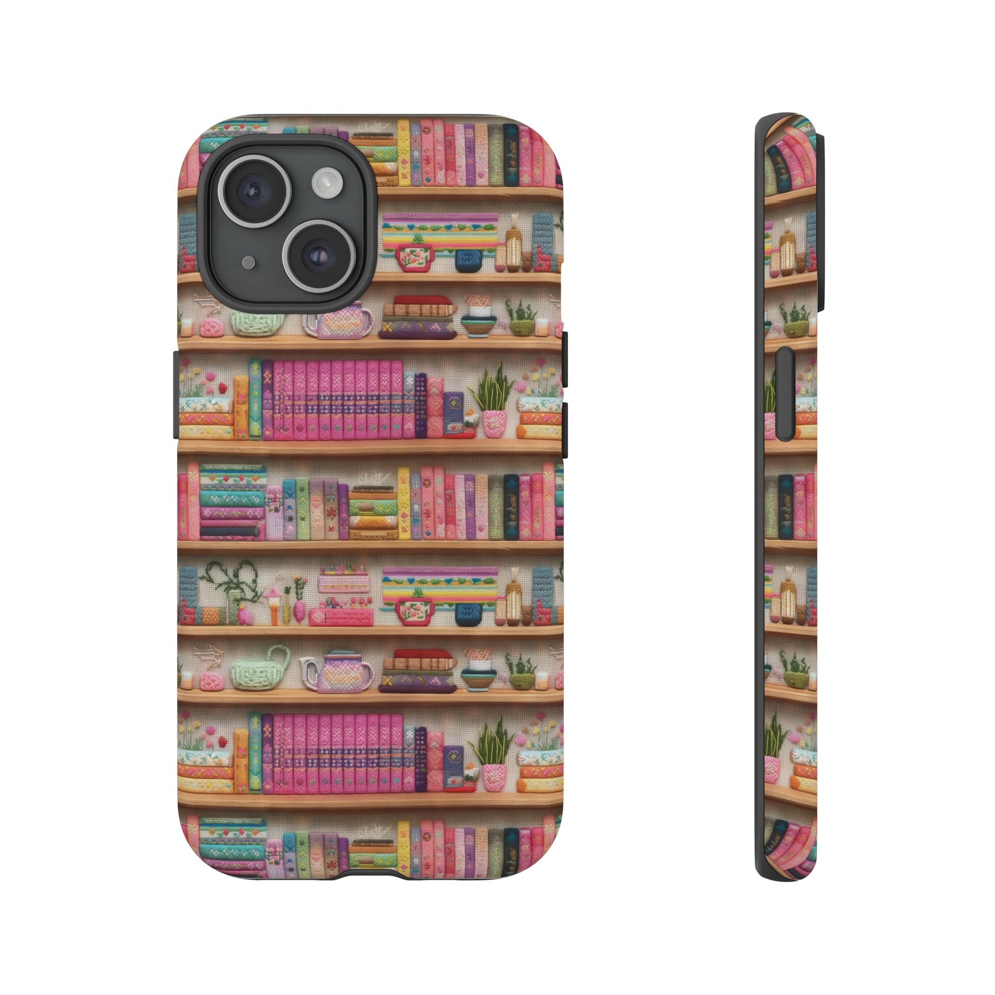 Whimsical 3D Embroidery Illusion Books on Pastel Shelves Phone Case for iPhone, Samsung & Pixel: Unique Accessory for Literary Enthusiasts Gift for Her Perfect for Floral Lover