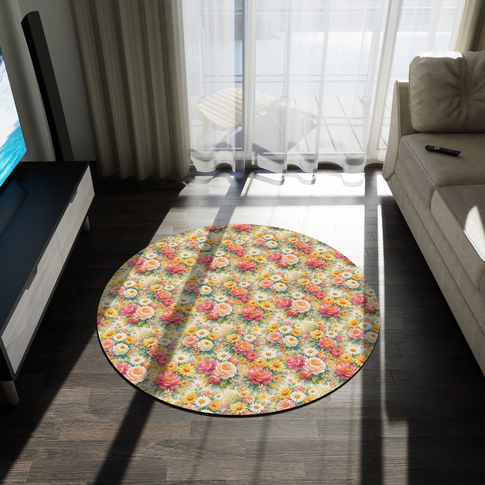 Round Rug — Radiant Bloom Pink & Yellow Floral