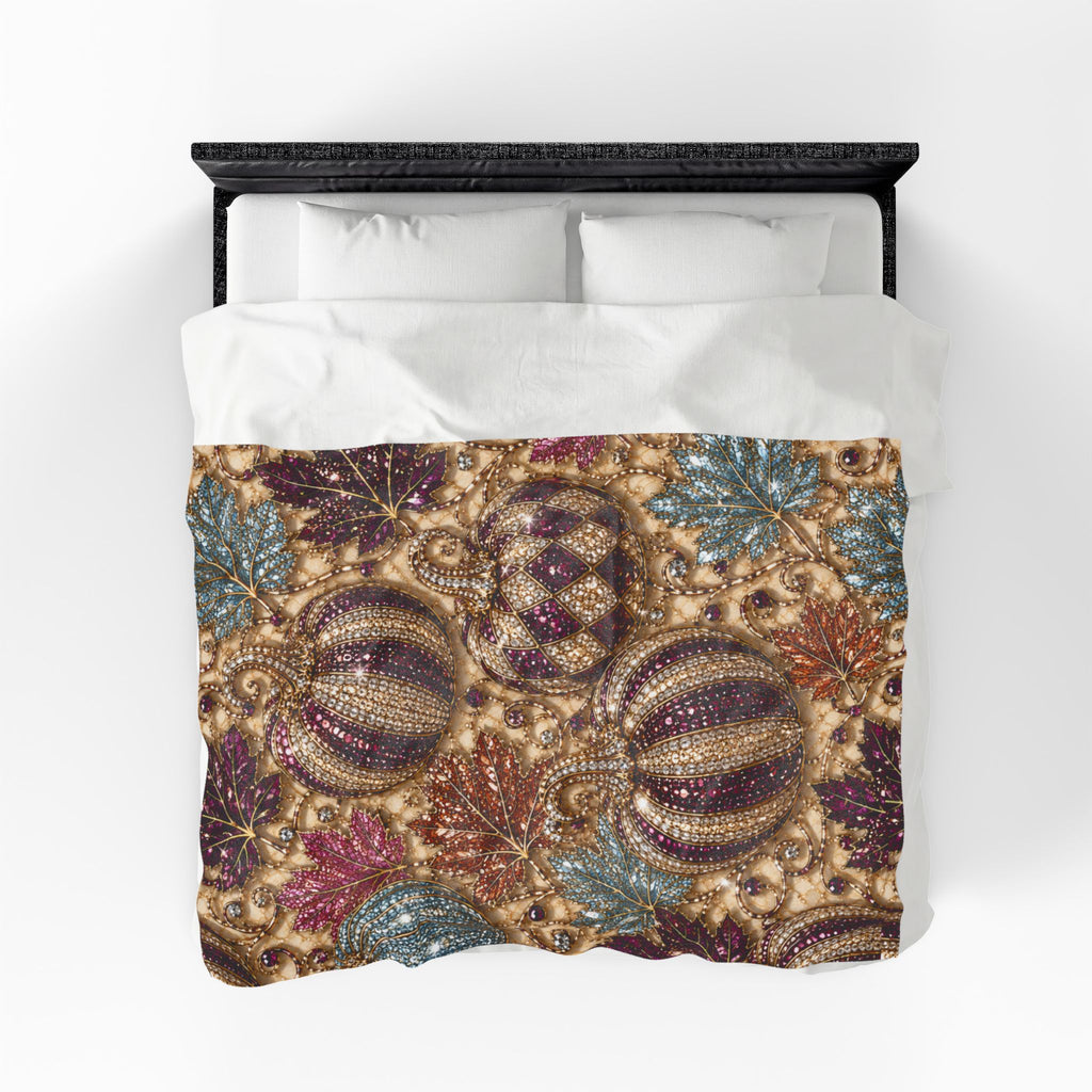 Plush Blanket - Jewel-Toned Decorative Pumpkins & Leaves Fall Throw Rhinestone Faux