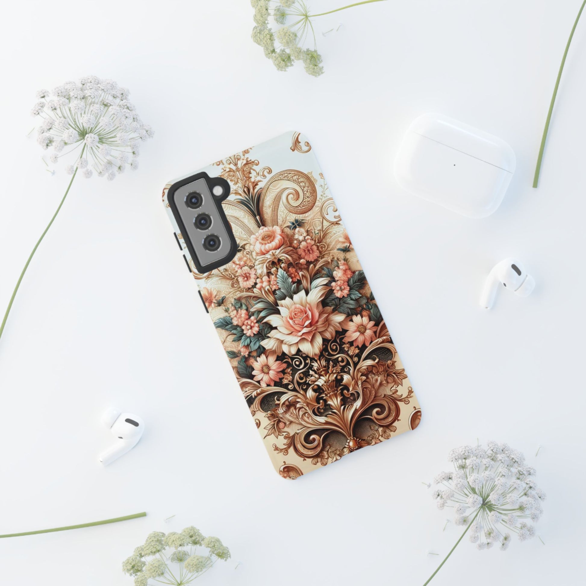 Gold Design Luxury Phone Tough Case Floral Elegant Durable Stylish for Modern Devices iPhone 17, 16, 15, Samsung iPhone Samsung Accessory Gift for Her