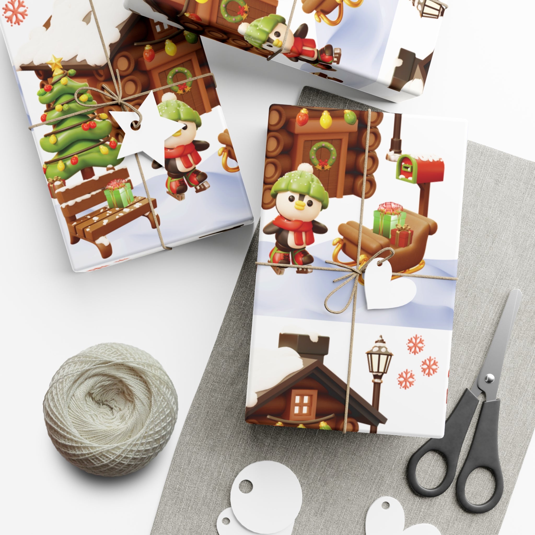 Papier Cadeau Illusion 3D Pingouin Motif Pingouin Hivernal Mignon et Scène de Cabane Sous la Neige, Papier Cadeau de Noël Festif, Papier Cadeau de Fêtes en 3 TaillesParfait pour les Cadeaux Saisonniers