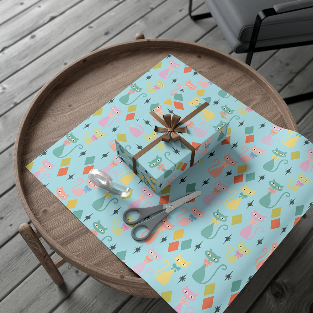 Papier cadeau chat atomique, papier cadeau rétro, motif chaton pastel du milieu du siècle, fêtes vintage 30x20, 30x72, 30x144 Parfait pour toutes les occasions