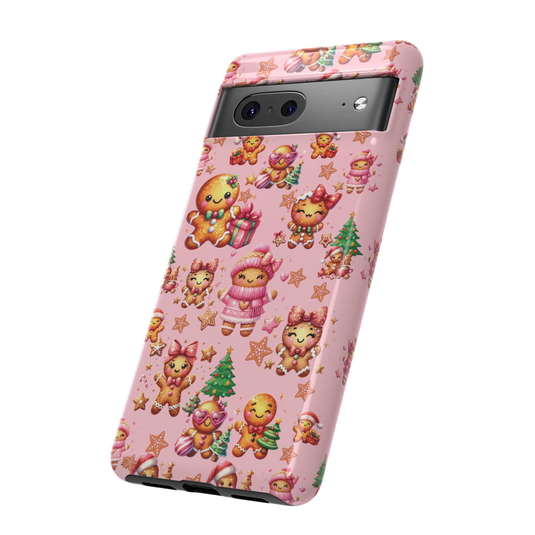 Coque de téléphone en forme de petite fille pain d'épices rose adorable, ambiance girly pour les fêtes, esthétique douce de Noël, idée cadeau mignonne et festive pour elle, housse de protection amusante