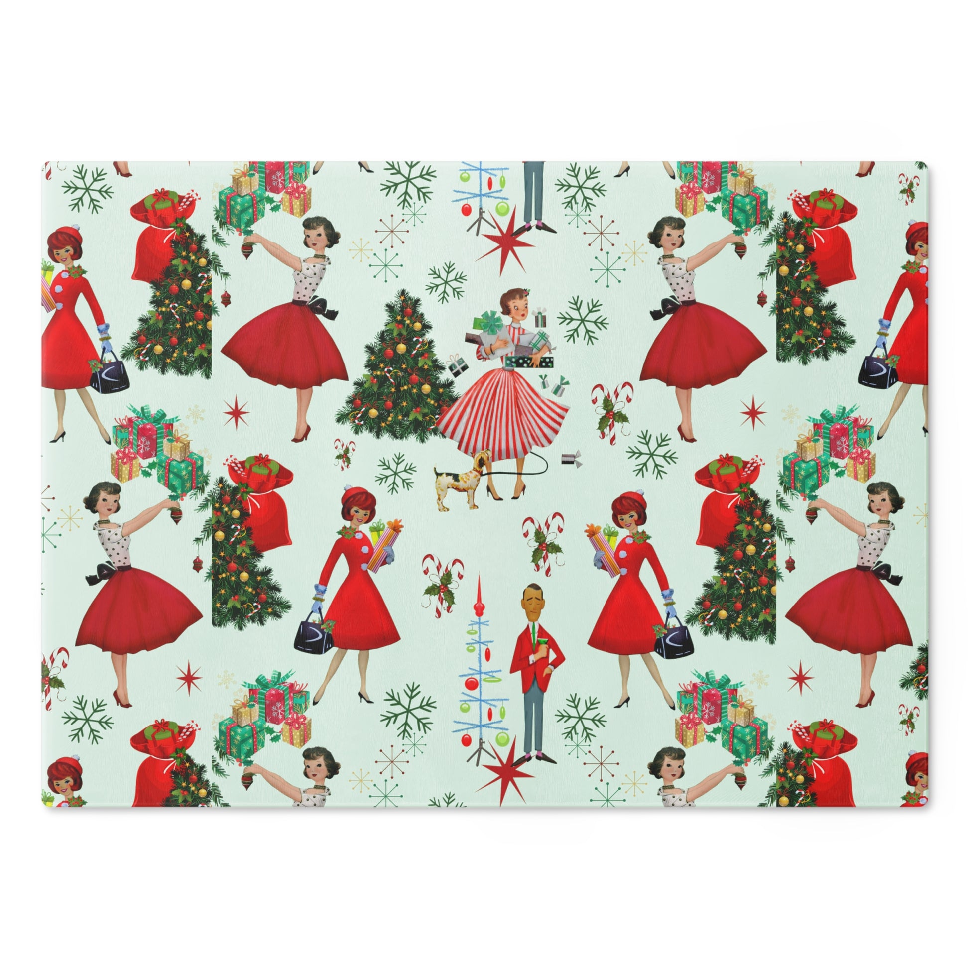 New House Tempered Glass Cutting Board with 1950s Vintage Retro Christmas Design Ultra-Durable Kitchen Accessory for Stylish Cooking Kitchen Decor Housewarming, New House Gift - MRSBYVALLE