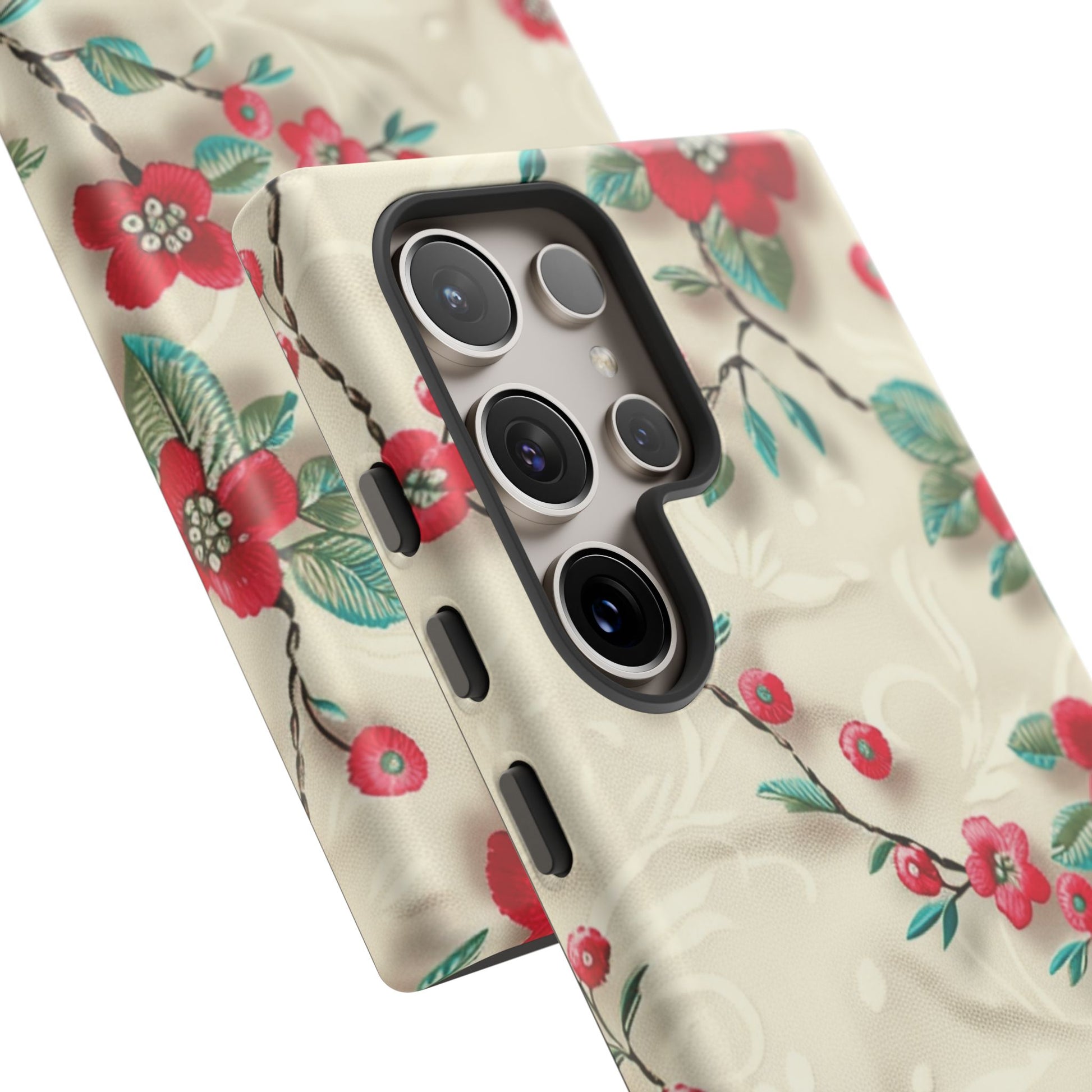 3D Embroidery Illusion Red Flowers Phone Case for iPhone, Samsung Pixel Artistic Floral Protection 15 14 13 12, 21 23 Gift for Her Perfect for Floral Lover