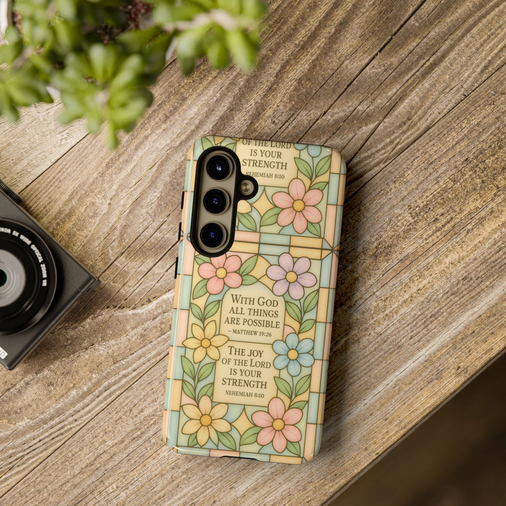 Pastel Stained Glass Bible Verse Phone Case Christian Affirmation Cover, Soft Geometric Design, iPhone Samsung Google, Faith Gift for Her Bible Verse or Affirmation | Protective, Inspirational Gift for Christians