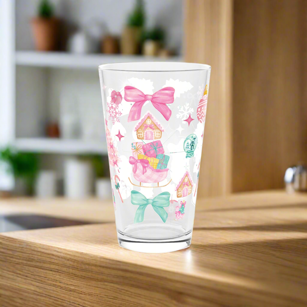 Pink and Turquoise Christmas 16oz Glass  Glam Holiday Drinkware for Cocktails, Iced Coffee, or Cocoa with Stylish Festive Perfect Gift for Her