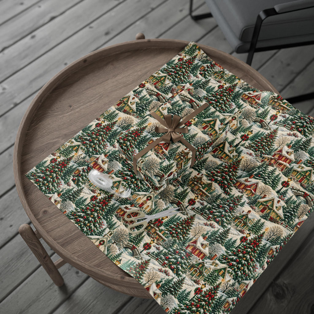 Vintage Christmas Village Gift Wrap Snowy Church & Cottage Wrapping Paper Rustic Holiday Present Wrap