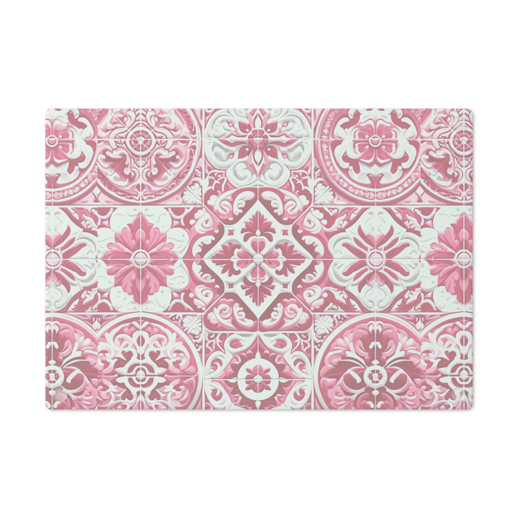 New House Tempered Glass Cutting Board with Pink and White Mediterranean Tile Design Ultra-Durable Kitchen Accessory for Stylish Cooking Kitchen Decor with Elegant Design, Housewarming, New House Gift - MRSBYVALLE