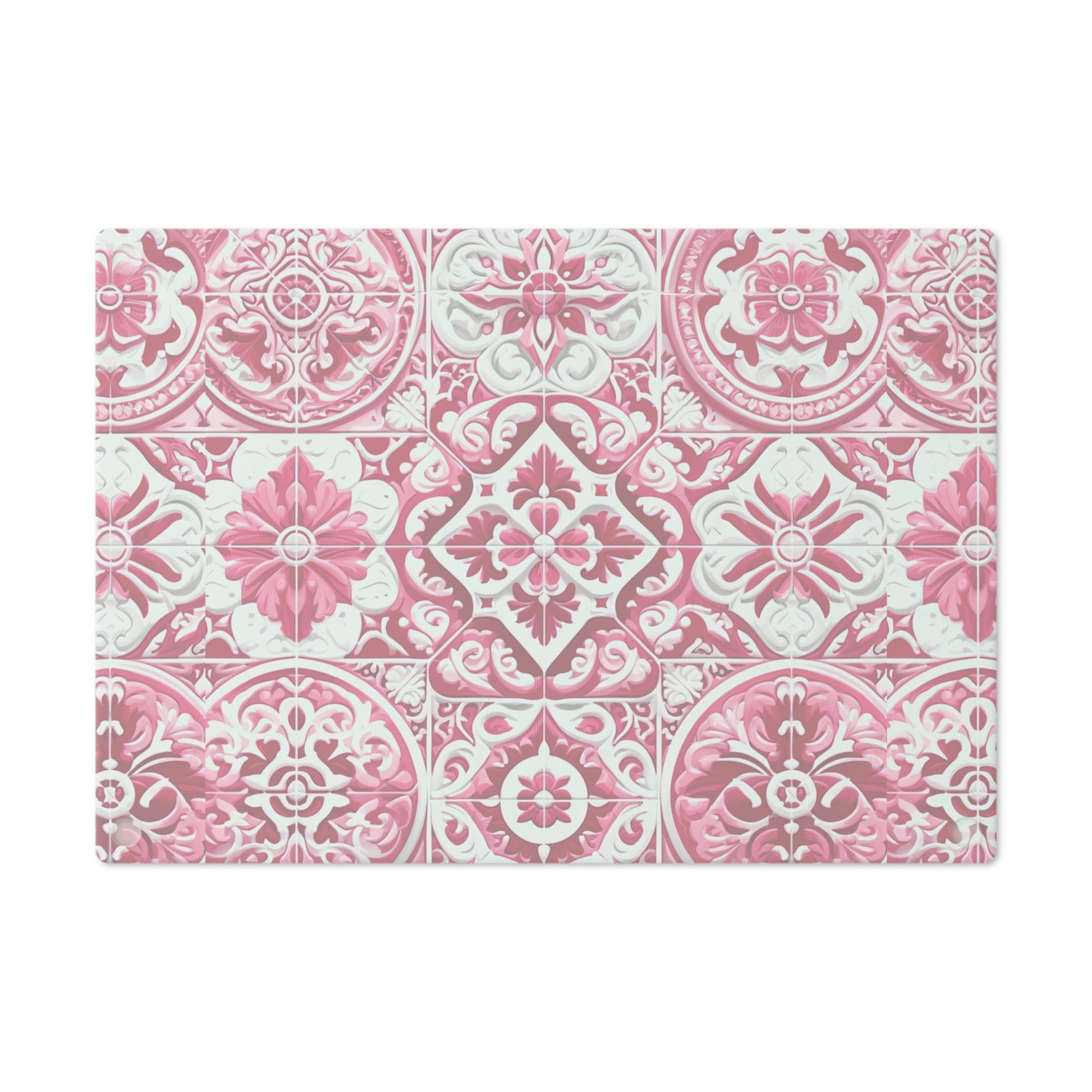 New House Tempered Glass Cutting Board with Pink and White Mediterranean Tile Design Ultra-Durable Kitchen Accessory for Stylish Cooking Kitchen Decor with Elegant Design, Housewarming, New House Gift - MRSBYVALLE