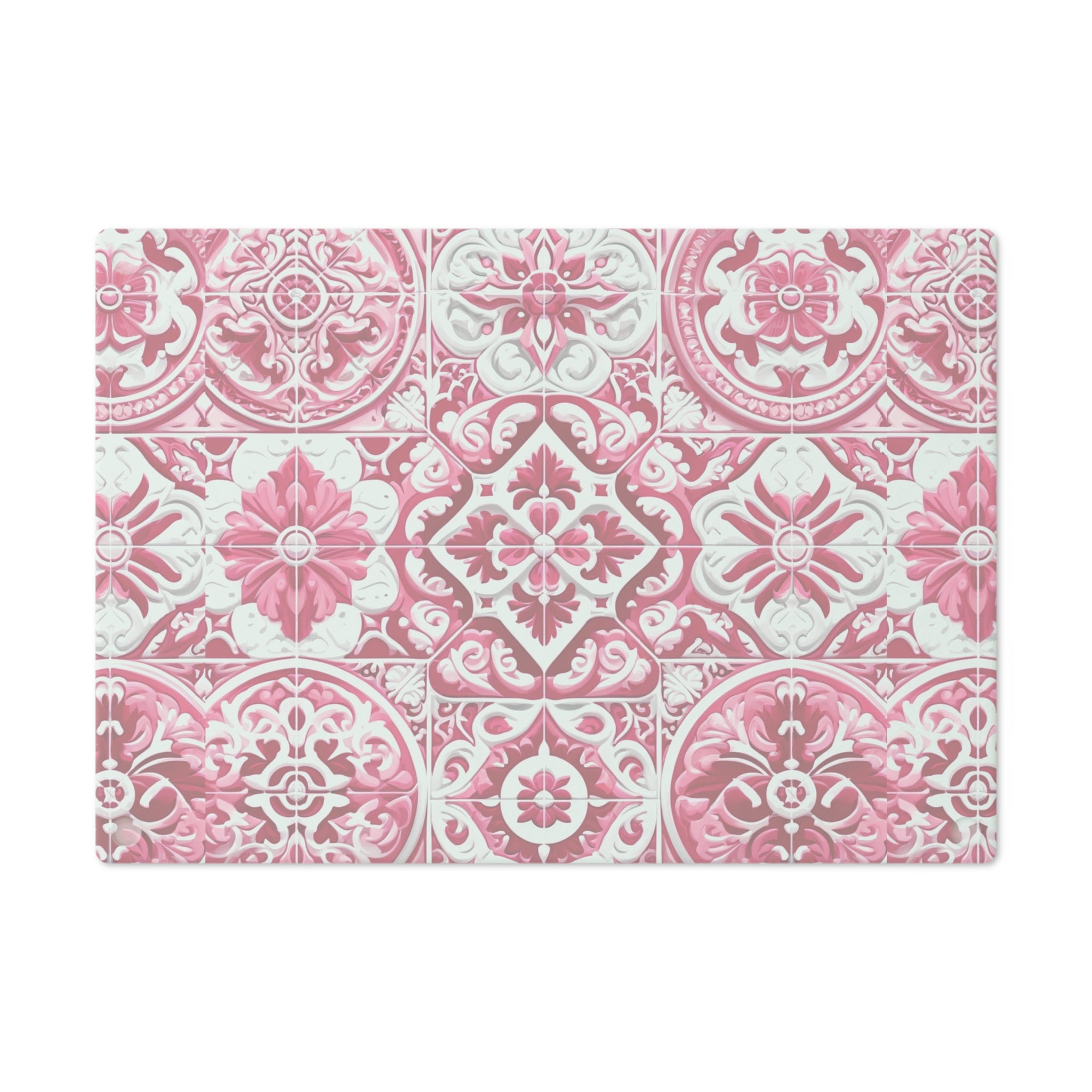 New House Tempered Glass Cutting Board with Pink and White Mediterranean Tile Design Ultra-Durable Kitchen Accessory for Stylish Cooking Kitchen Decor with Elegant Design, Housewarming, New House Gift - MRSBYVALLE
