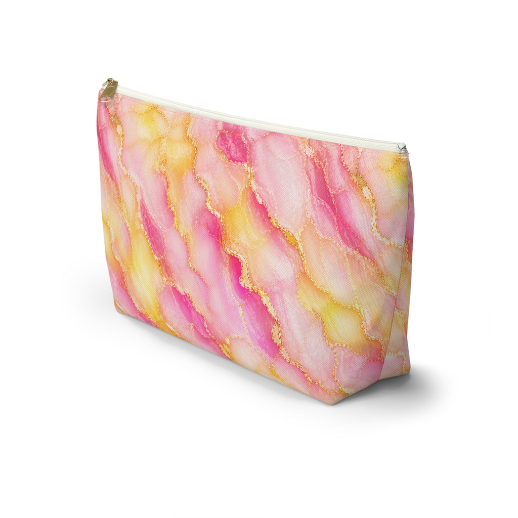 Trousse de Maquillage en Marbre Aquarelle Rose et Or – Sac à Accessoires à Fond Plat