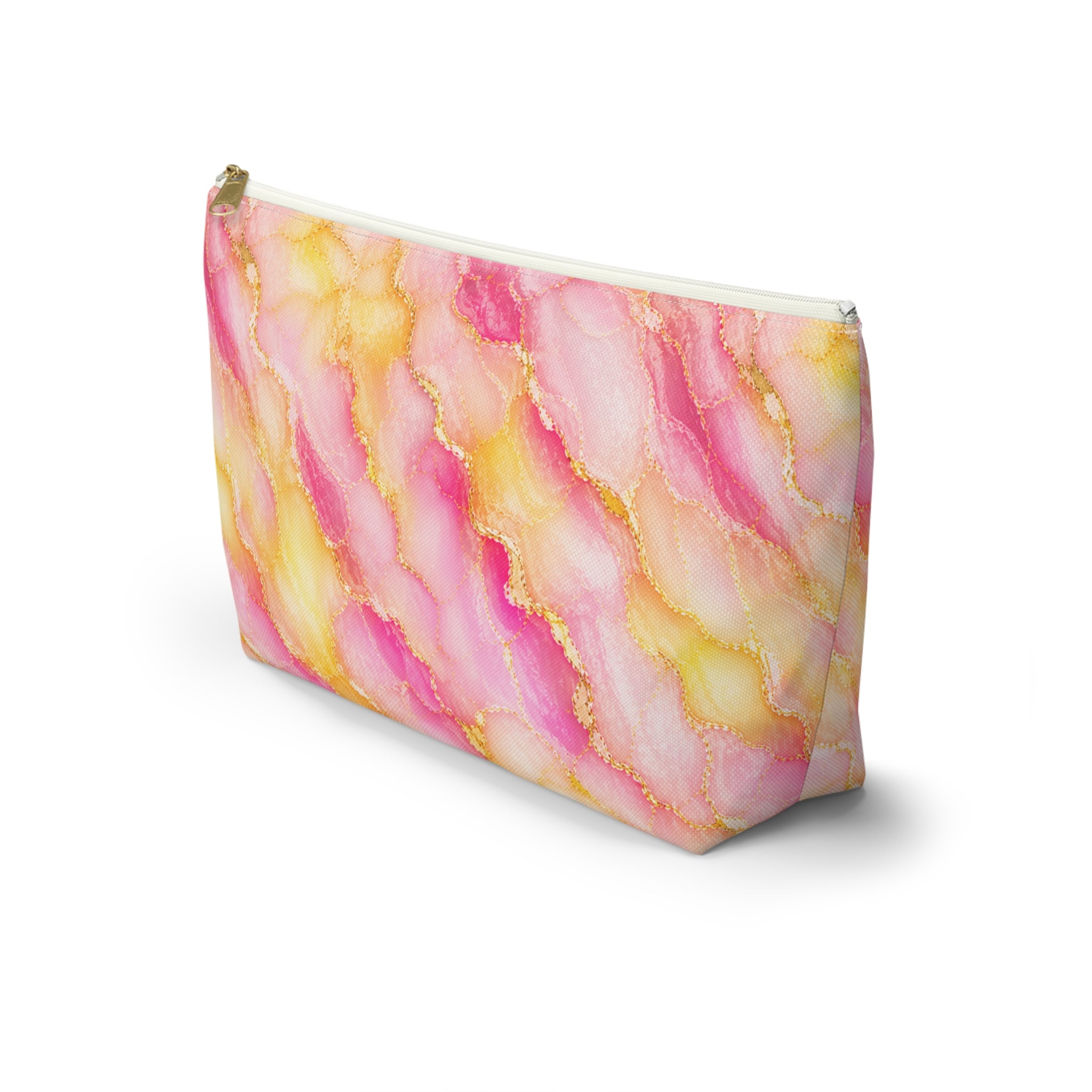 Trousse de Maquillage en Marbre Aquarelle Rose et Or – Sac à Accessoires à Fond Plat