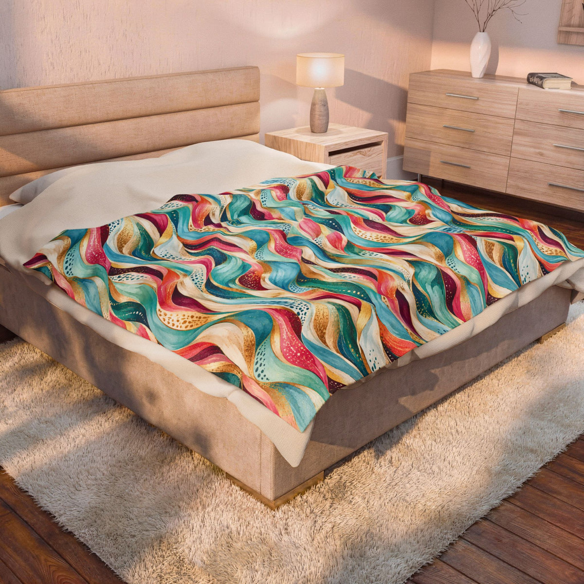 Abstract Rainbow Wave Velveteen Throw Blanket