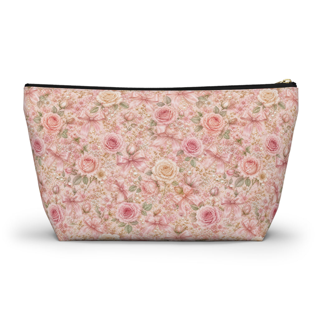 Trousse de Maquillage Nœud en Satin et Rose Poudré, Pochette Cosmétique Fleurie Coquette de Luxe, Organisateur de Voyage Élégant