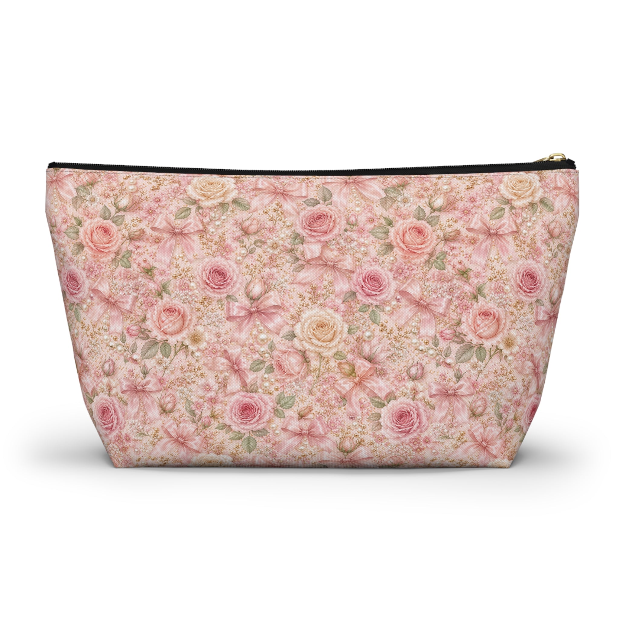 Blush Rose & Satin Bow Makeup Pouch, Luxury Coquette Floral Cosmetic Bag, Elegant Travel Beauty Organizer