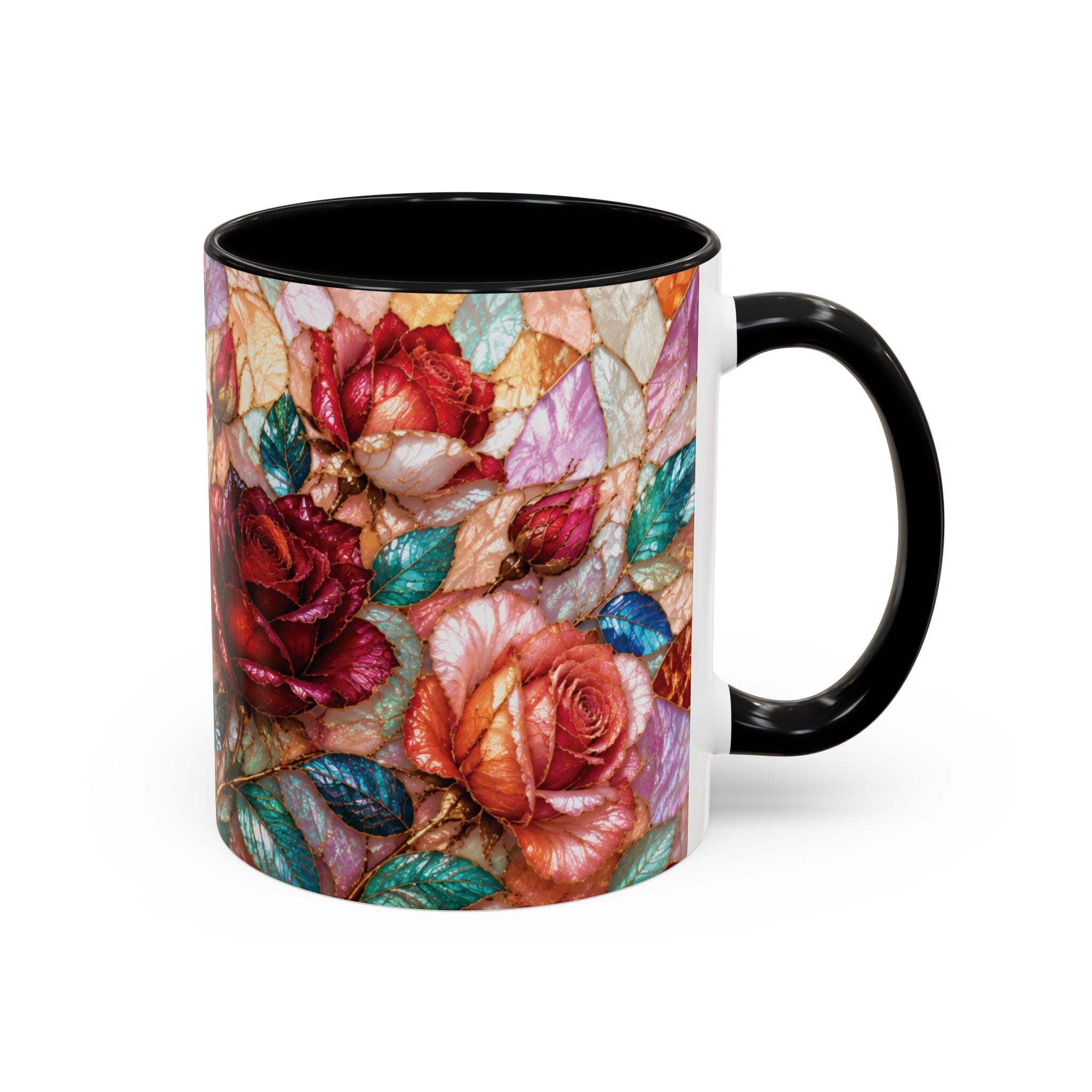 Floral Stained-Glass Accent Coffee Mug Colorful Rose Pattern (11/15 oz) Gift for Her