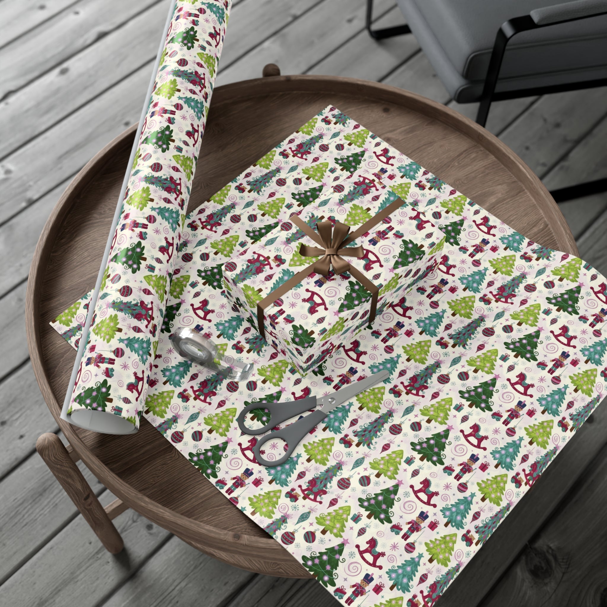 Festive Christmas wrapping paper with toys, trees & holiday icons. Available in 3 sizes—perfect for gifts, parties & seasonal décor.