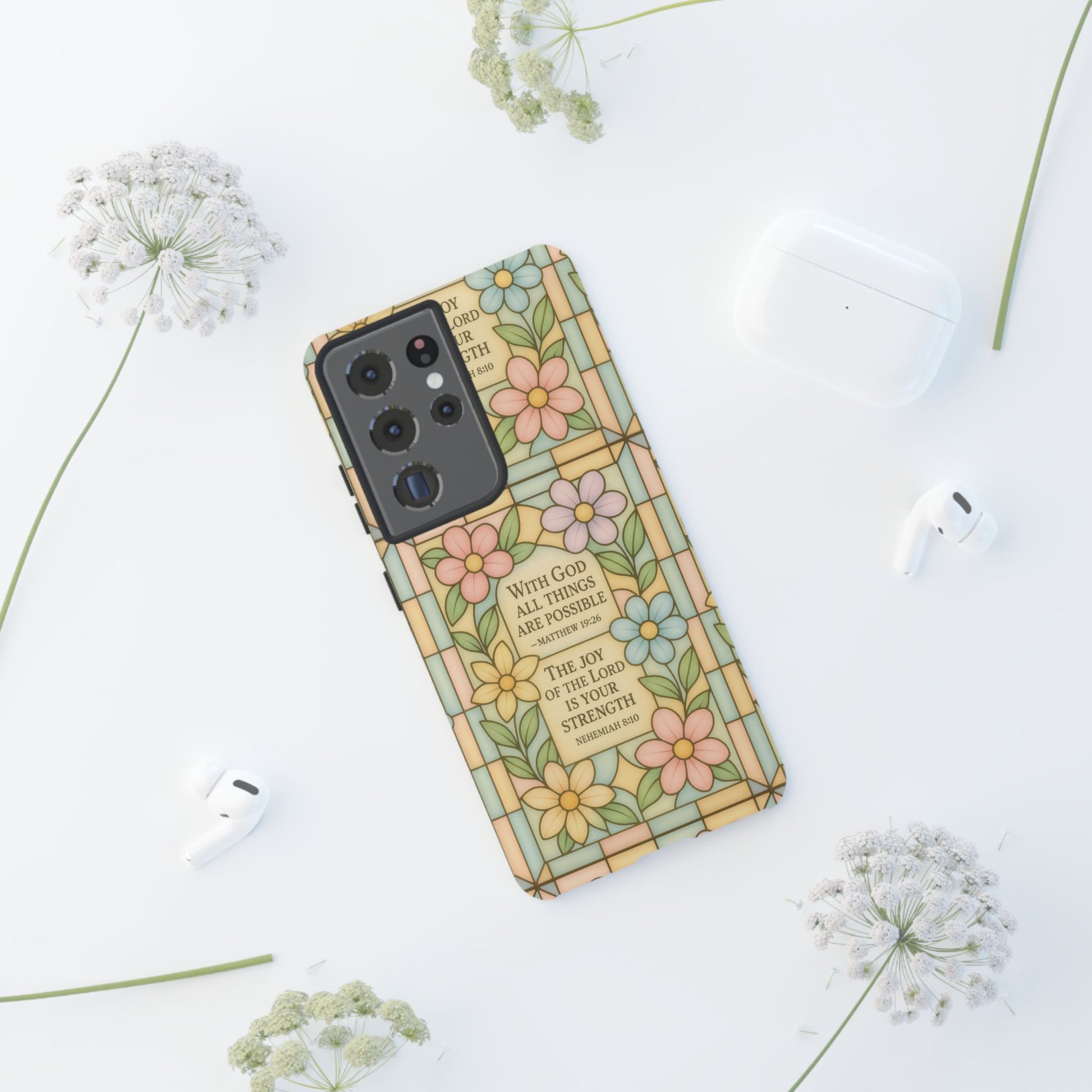 Pastel Stained Glass Bible Verse Phone Case Christian Affirmation Cover, Soft Geometric Design, iPhone Samsung Google, Faith Gift for Her Bible Verse or Affirmation | Protective, Inspirational Gift for Christians