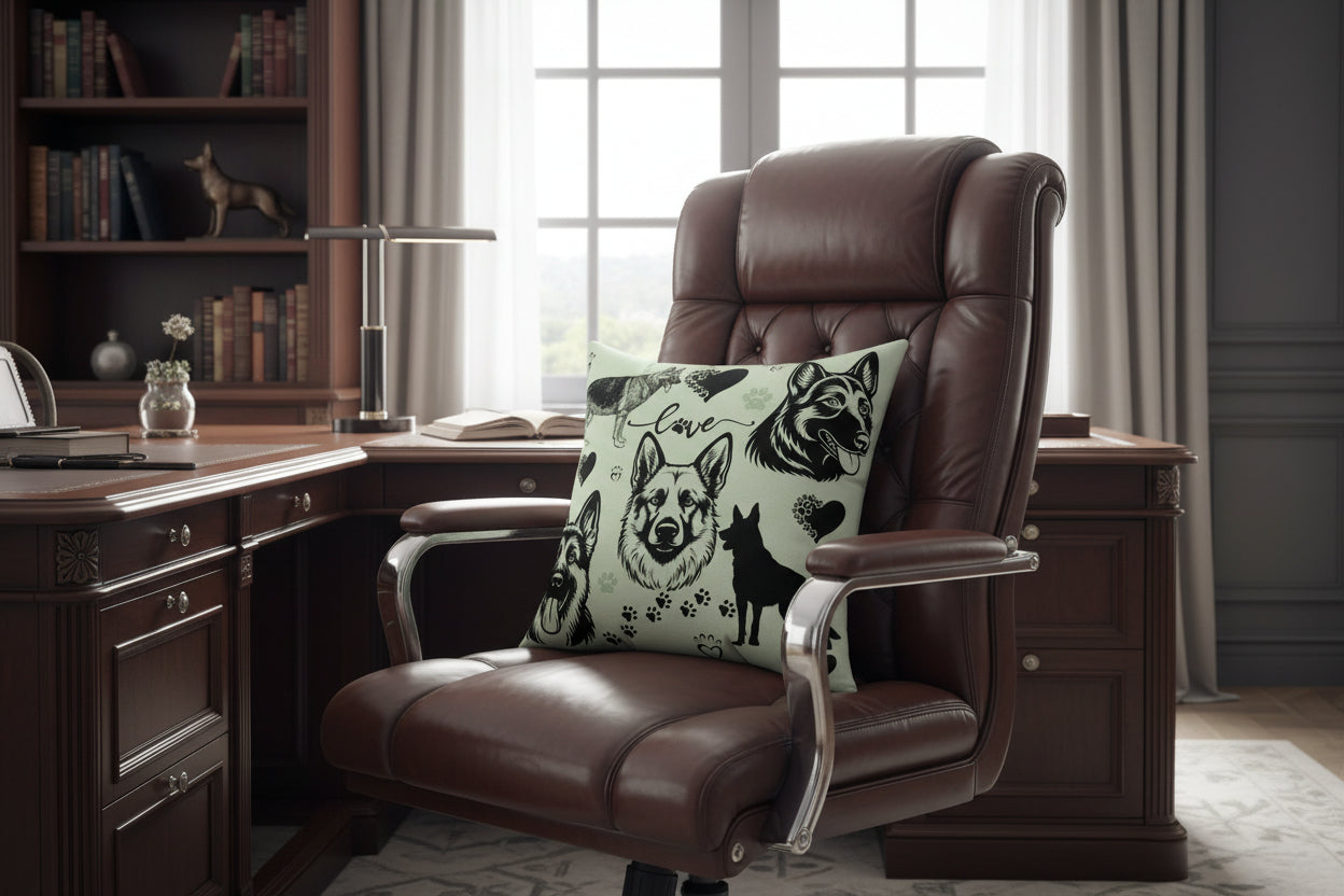 Decorative pillow with German Shepherd illustrations and the word 'love' on a light green background.