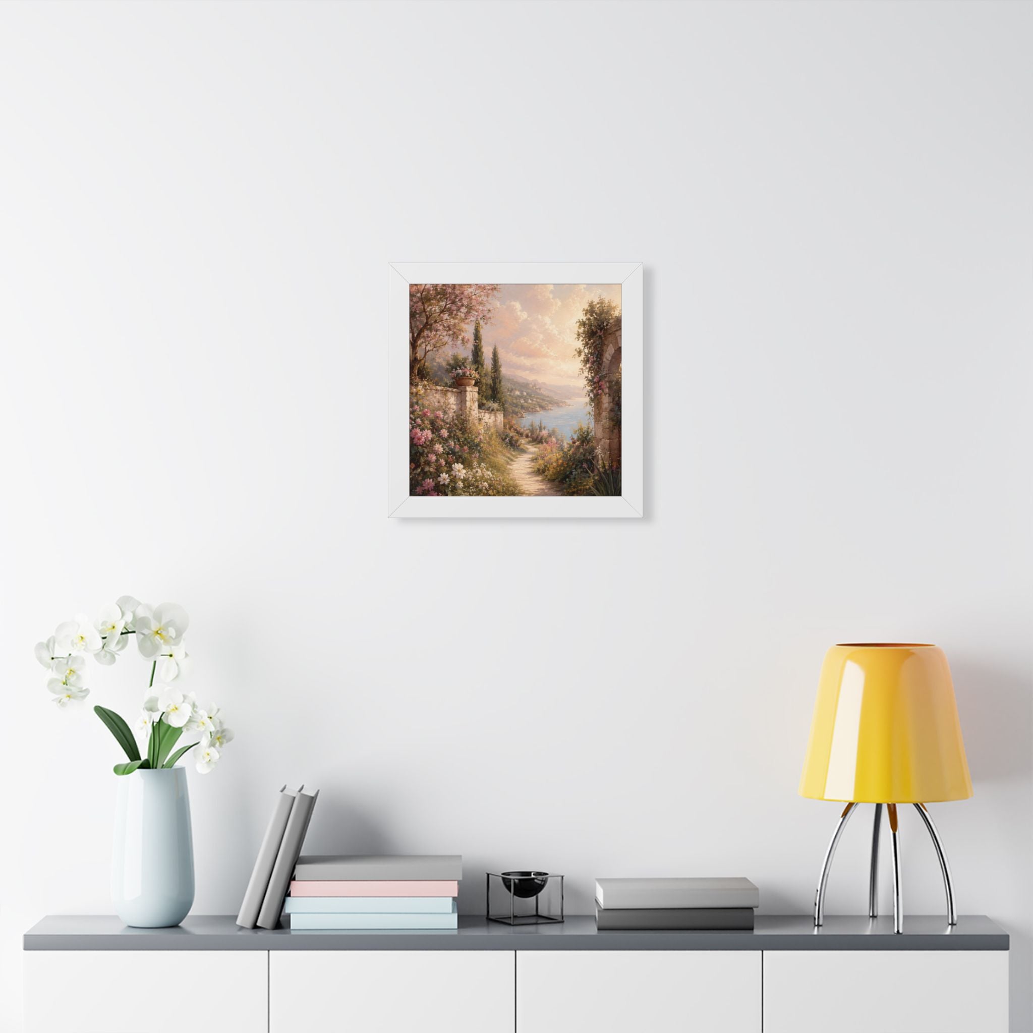 Mediterranean Garden Path Framed Vertical Poster | Coastal Landscape Wall Art
