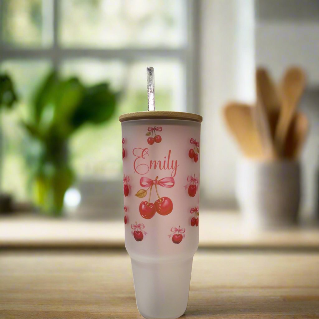Personalized 40oz Frosted Cup with Lid & Straw - Cherry & Pink Bow Design - Custom Name  Perfect for Gifts, Parties, & Everyday Use - Cute & Stylish Drinkware - MRSBYVALLE