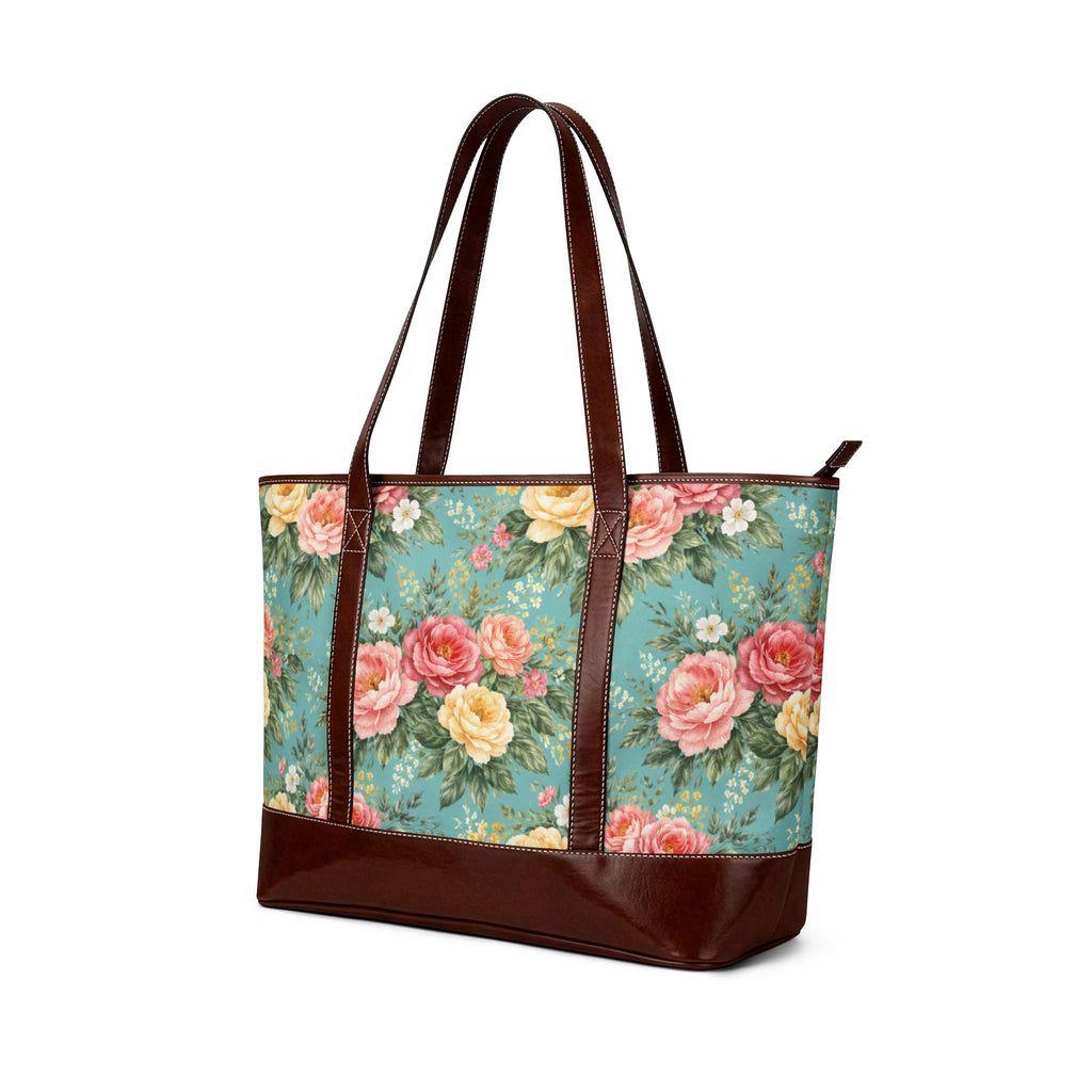 Sac à main vintage roses fleuries | Sac cabas motif rose sarcelle avec garniture en cuir