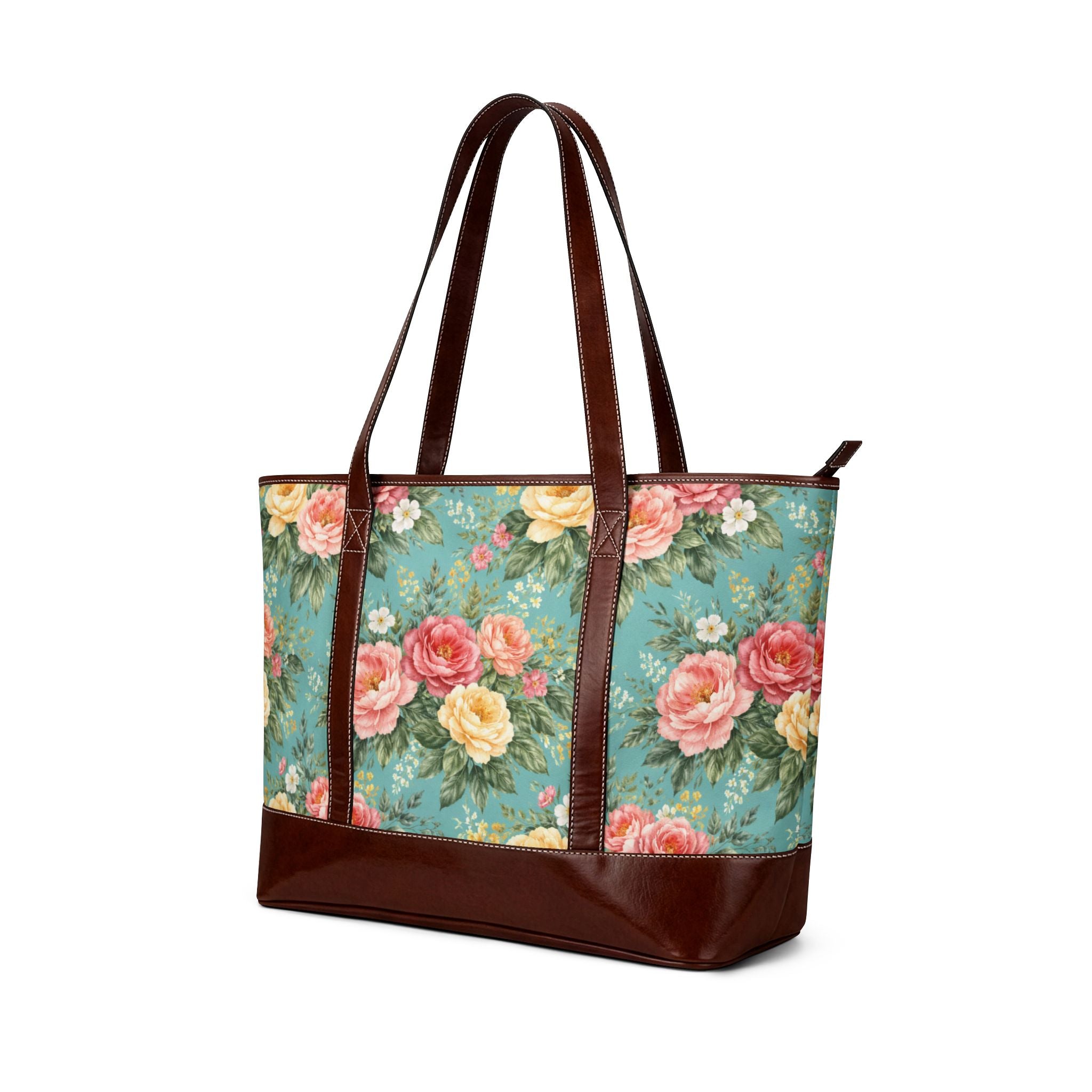 Vintage Floral Roses Handbag | Teal Rose Pattern Tote with Leather Trim