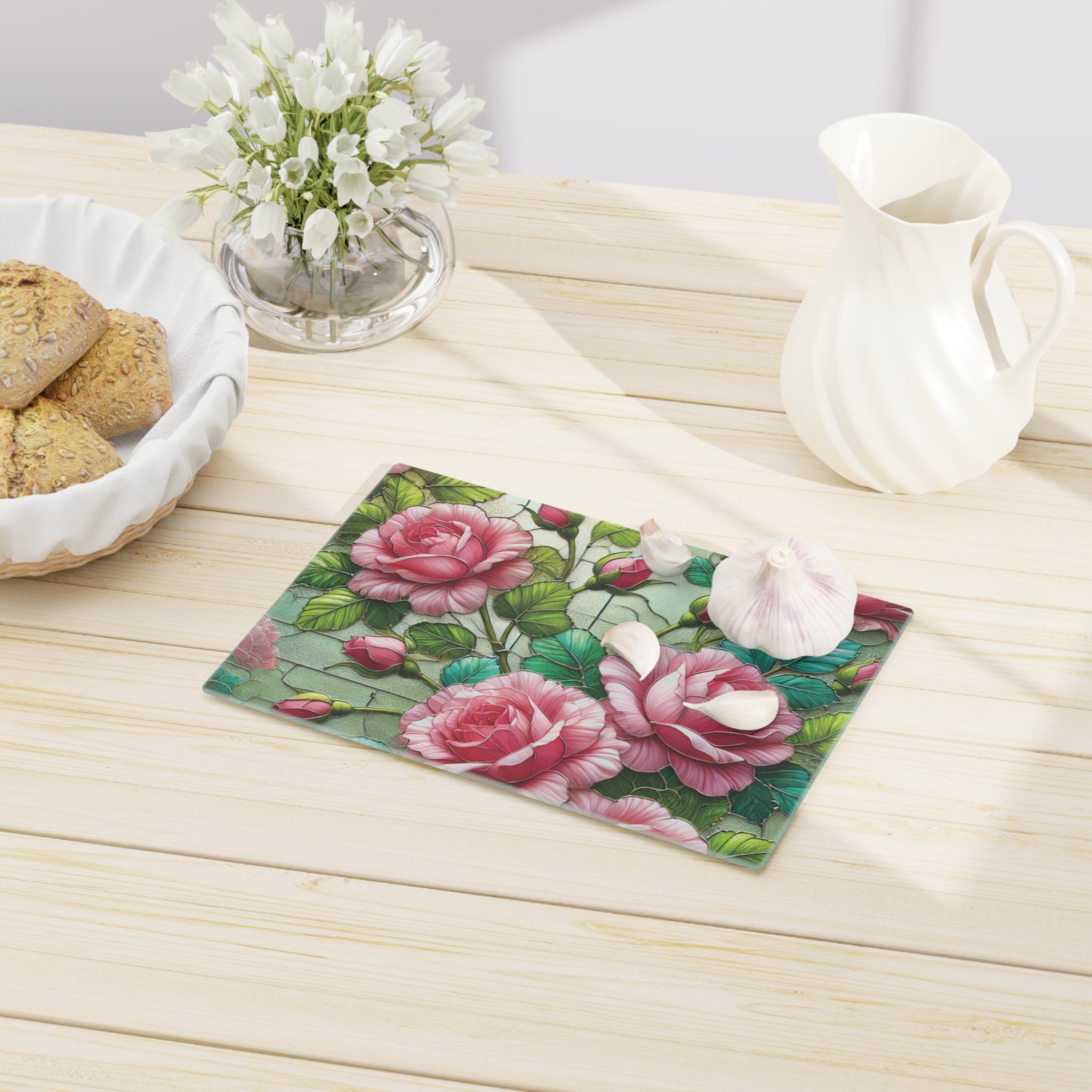 Elegant Stained Glass Cutting Board with Roses Durable Tempered Glass, Decorative Functional Kitchen Accessory, Perfect for Chopping, Serving, & Gifting | Rose Design New House Gift - MRSBYVALLE