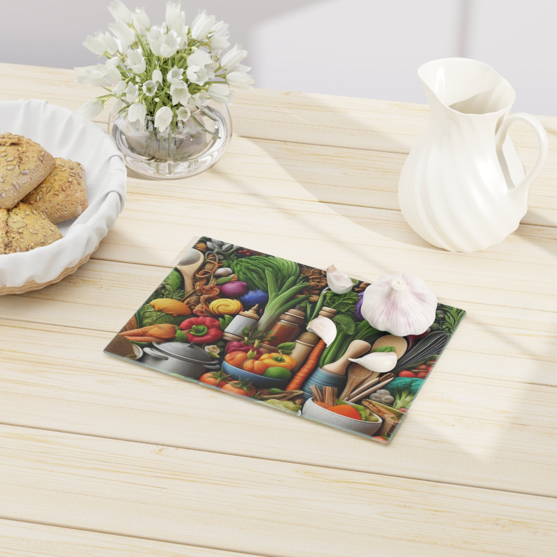 Vibrant Harvest Lively Fruit & Veggie Design Glass Cutting Board for Culinary Inspiration, Housewarming, New House Gift for the Chef or Cook - MRSBYVALLE