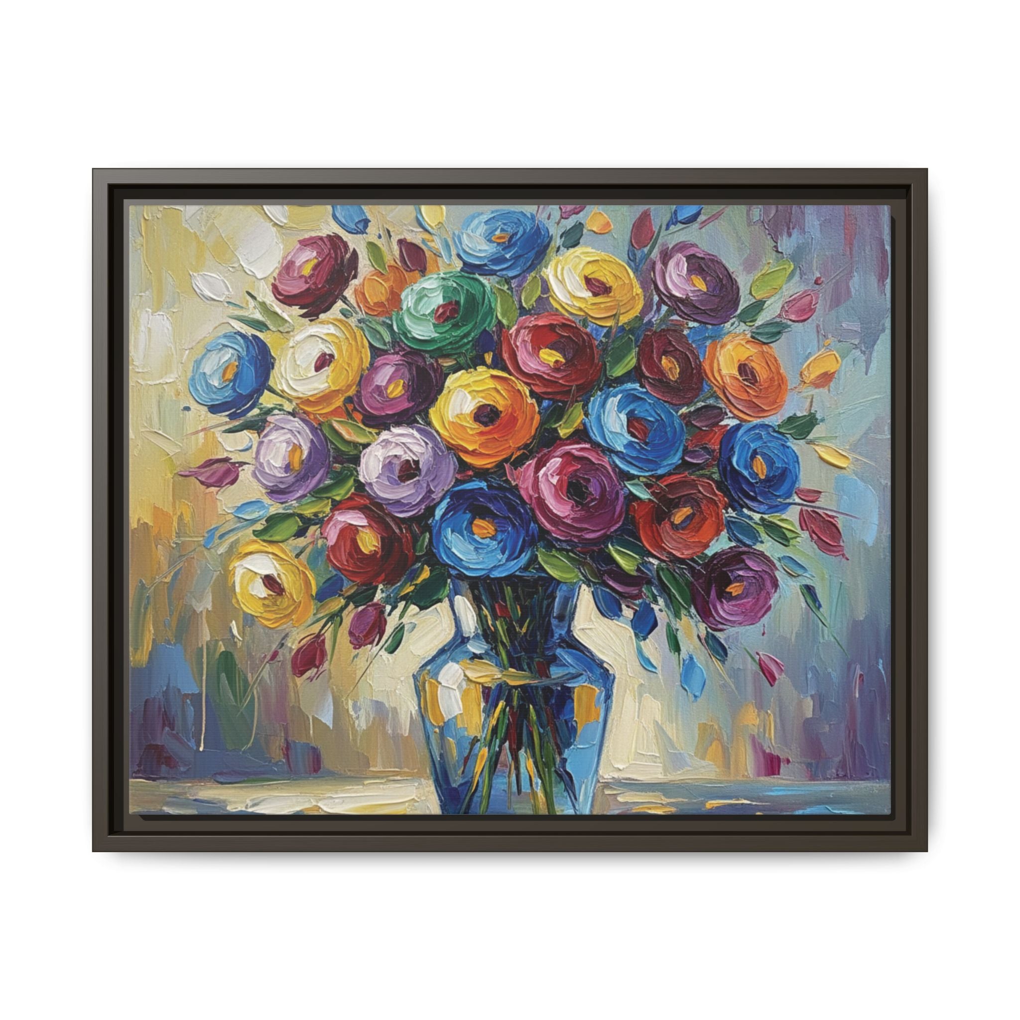 Impression sur toile bouquet floral aquarelle - Tableau mural encadré mat - Illusion de peinture à l'huile vibrante