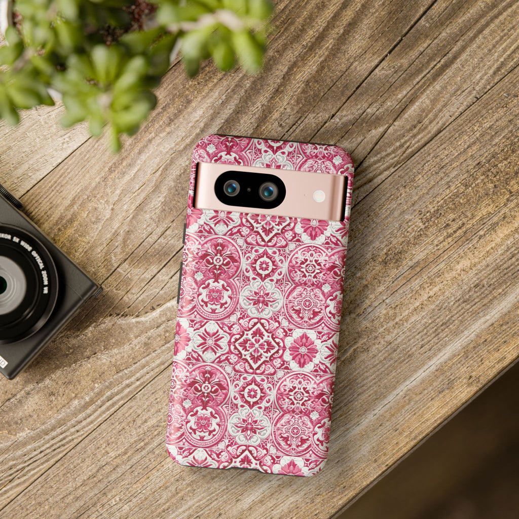 Pink and White Mediterranean Tile Design Phone Case - Stylish, Protective Cover for All Models Gift for Mom Accessory Gift for Her