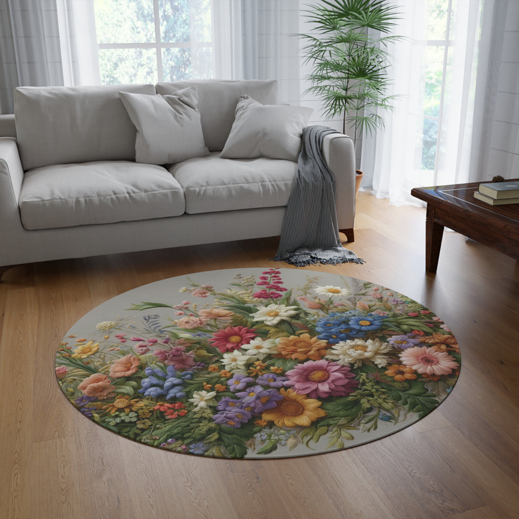 New House Elegant Floral Symphony Round Rug Ideal for Bedrooms, Hallways, and Home Offices Featuring Luxurious Design interior Livingroom.