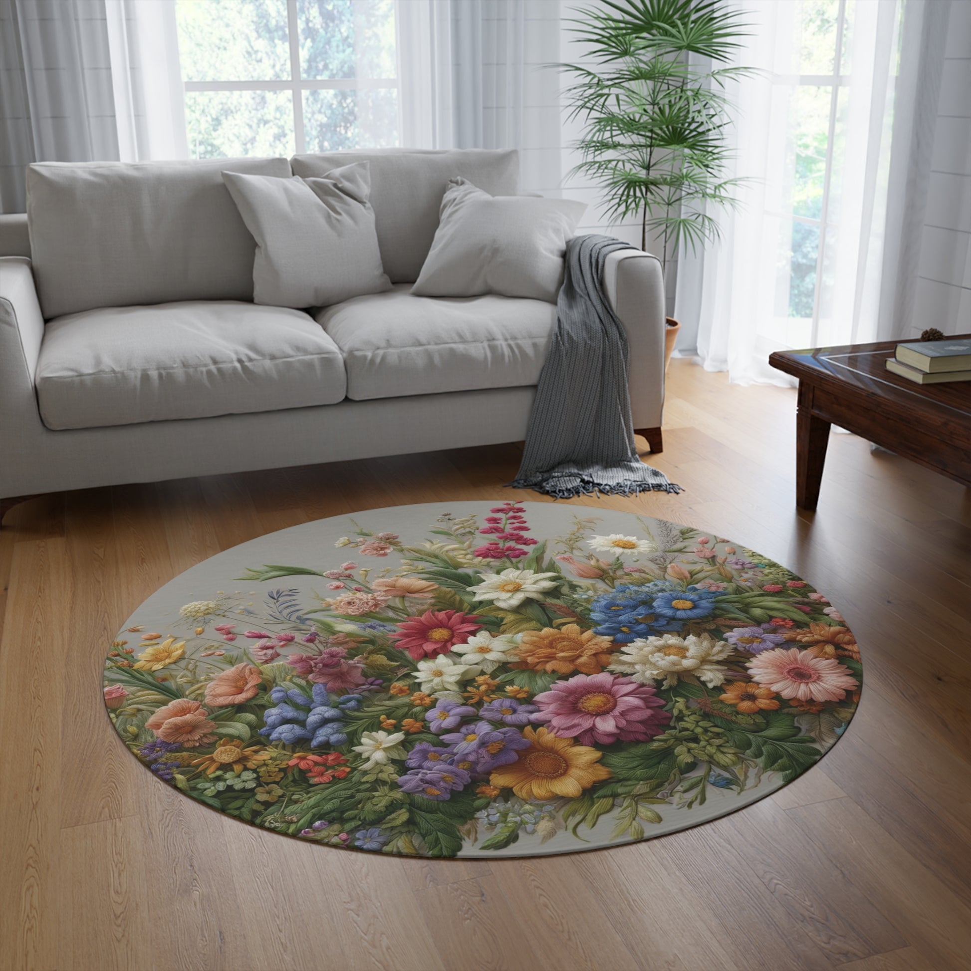 New House Elegant Floral Symphony Round Rug Ideal for Bedrooms, Hallways, and Home Offices Featuring Luxurious Design interior Livingroom.