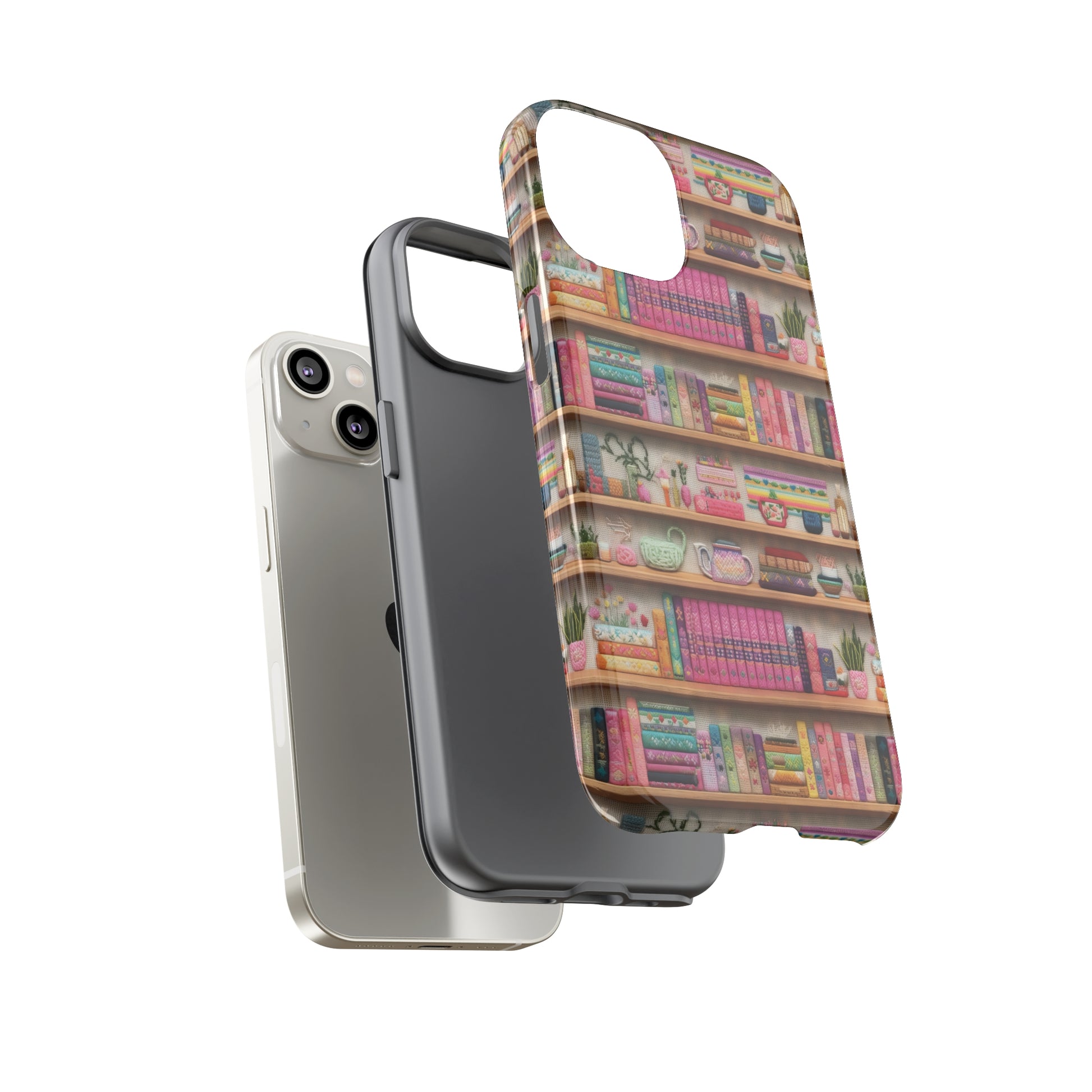 Phone Case 3D Illusion Books & Shelf Embroidery Design with Vibrant Colors Gift for Her Phone 15, Samsung iPhone Samsung Gift for Her Case iPhone 15, Samsung iPhone Samsung Accessory Gift for Her.