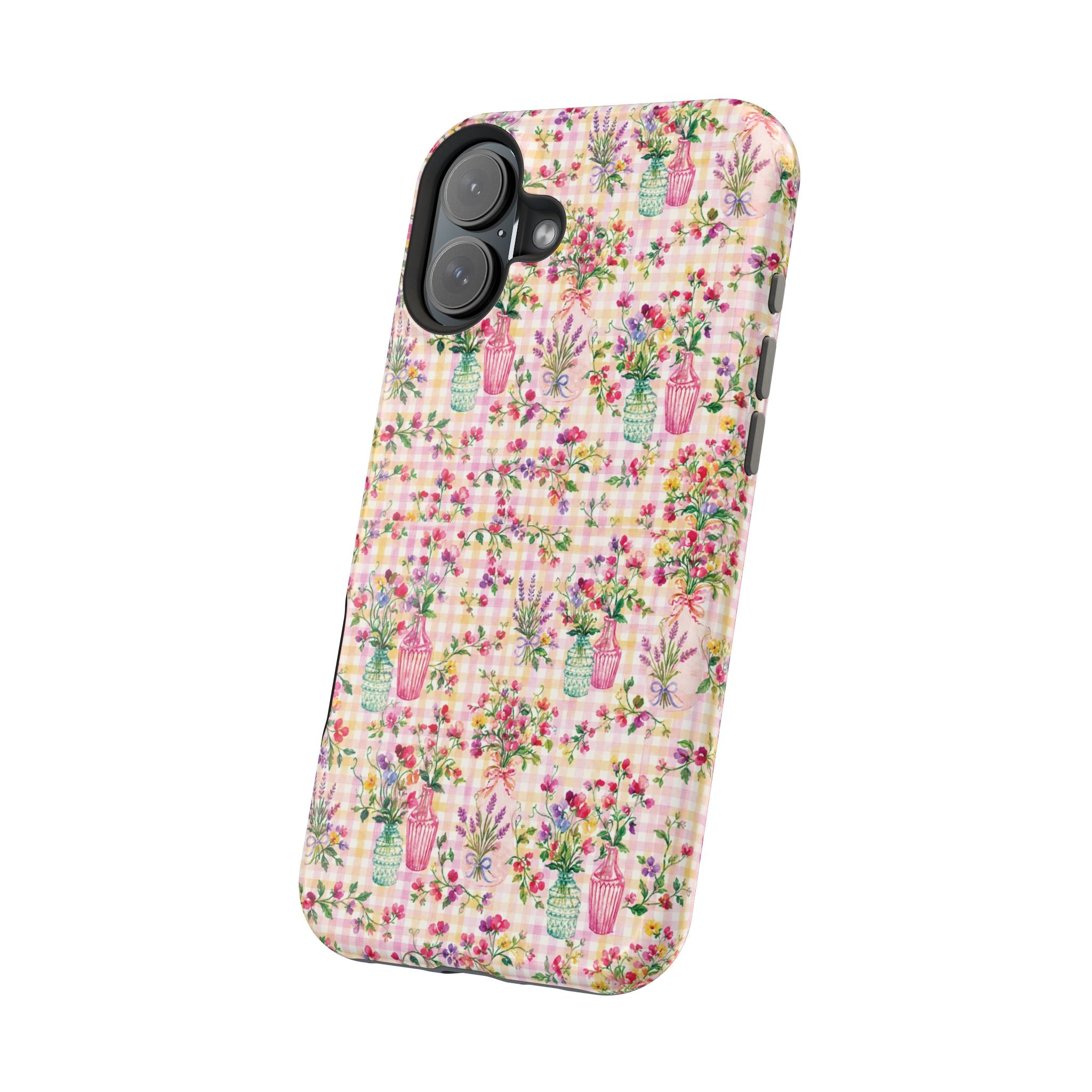 Turquoise & Pink Floral Checker Phone Case — Magnetic Impact-Resistant